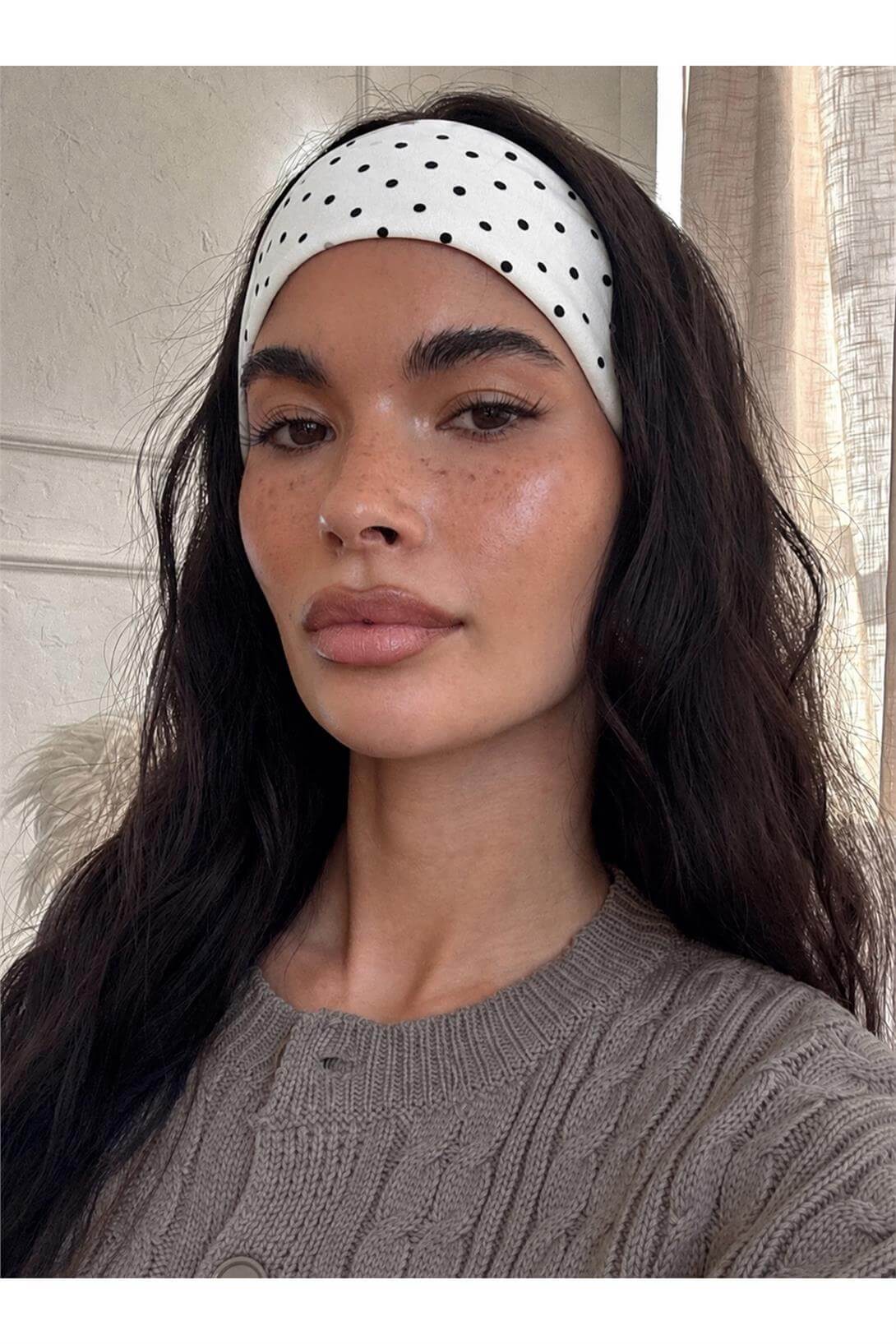 Kadın 2li Pamuklu Esnek Bandana Seti Puantiyeli Beyaz Puantiyeli Siyah