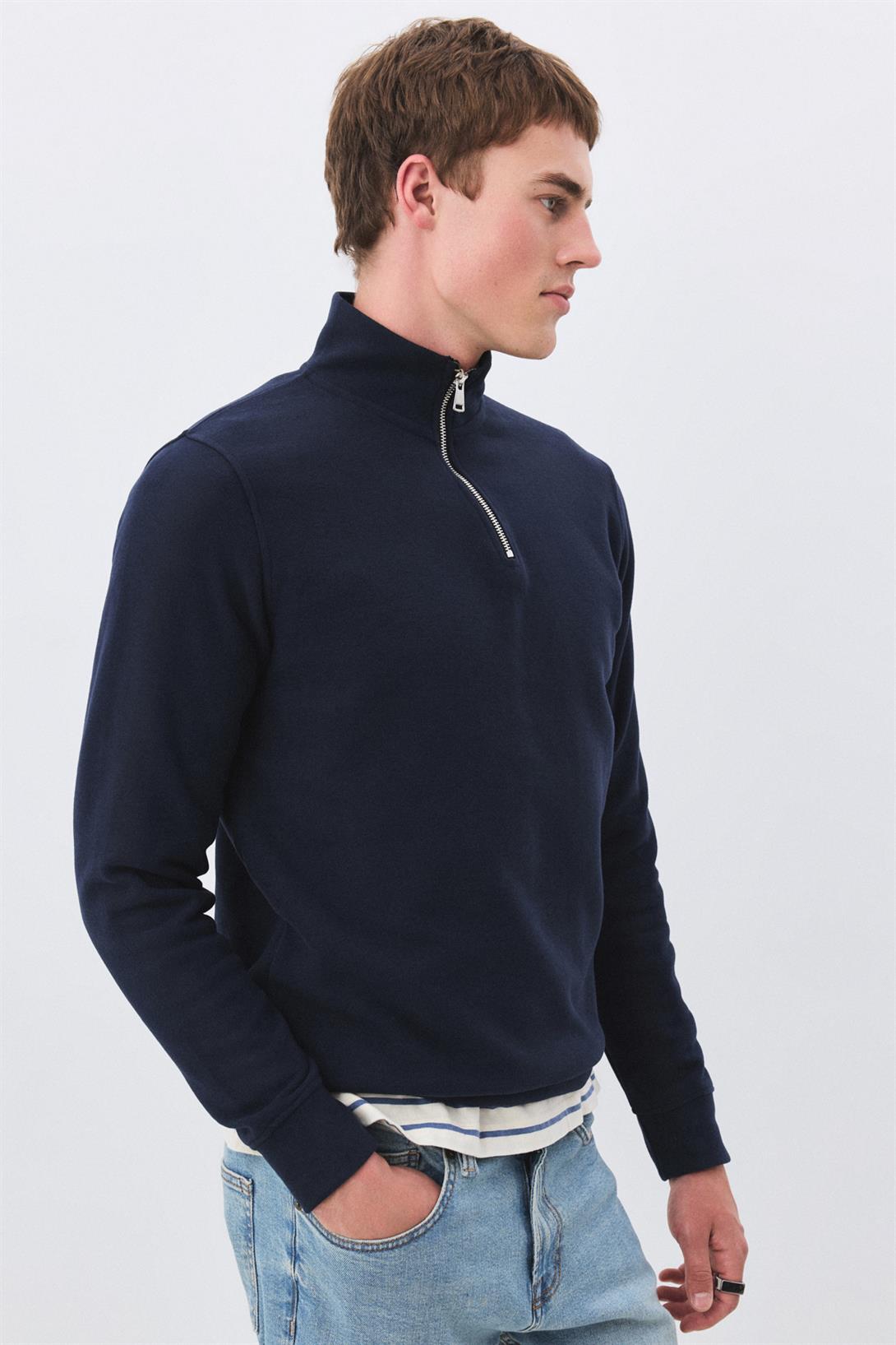 Erkek Standart Fit Pamuklu Selanik Kumaş Yarım Fermuarlı Dik Yaka Sweatshirt Lacivert