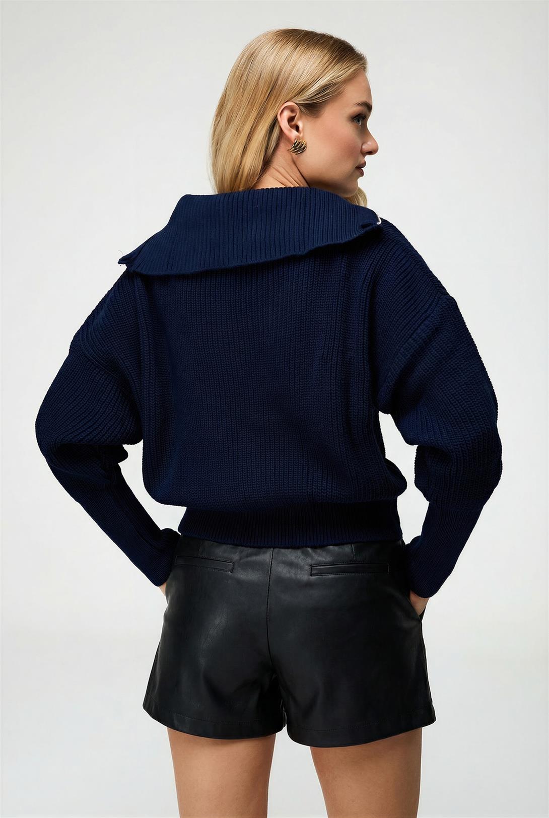 Kadın Fermuarlı Balıkçı Yaka Triko Hırka Lacivert 6919