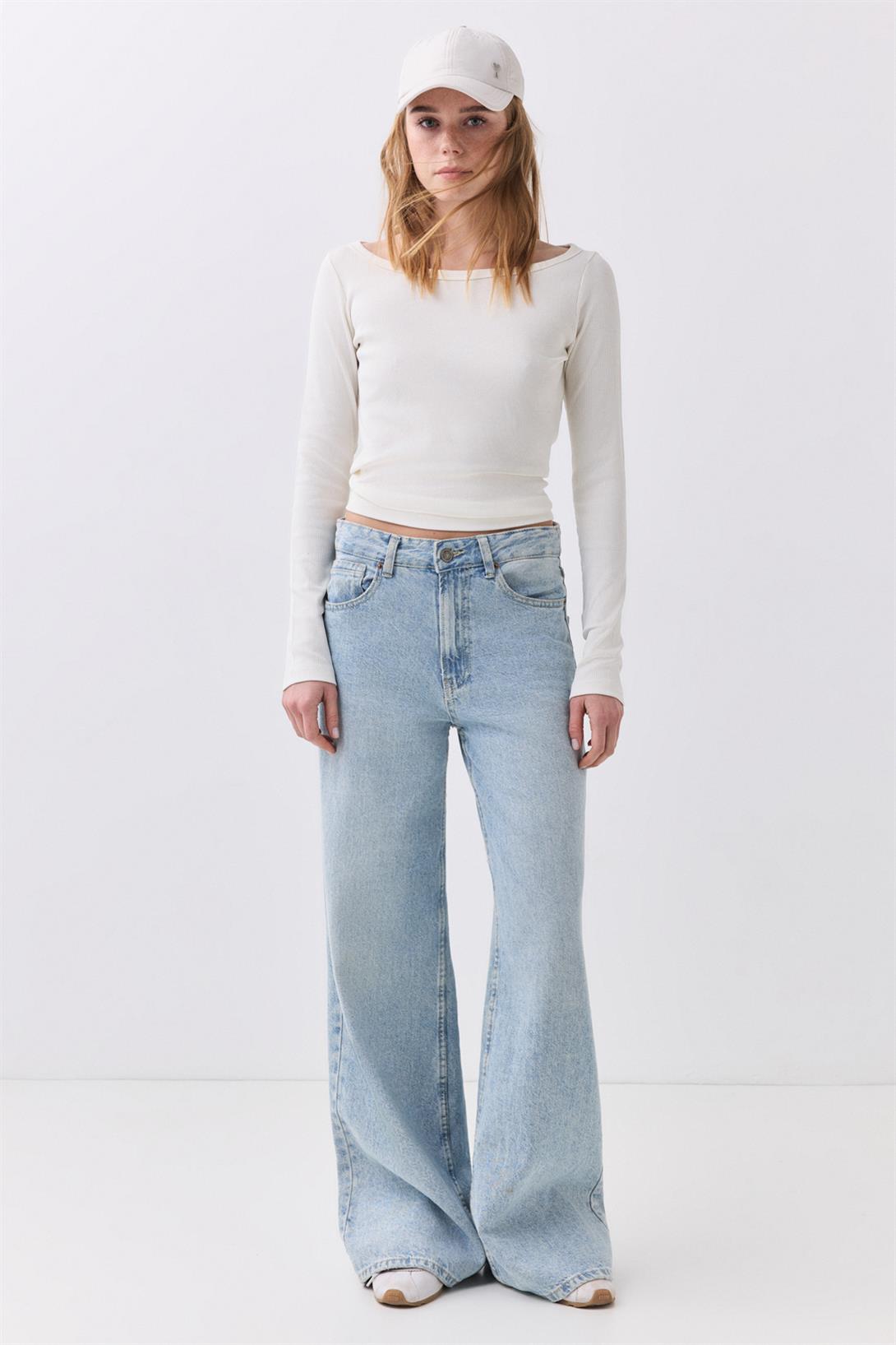 Kadın Kayık Yaka Fitilli Uzun Kollu Bluz Beyaz 9022