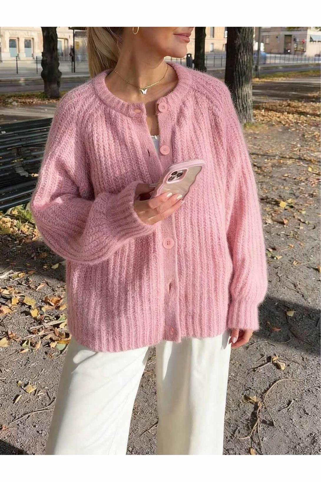 Kadın Yün Karışımlı Düğmeli Triko Hırka Pembe