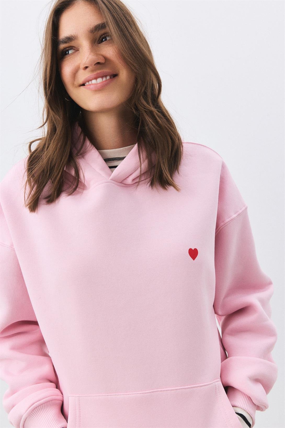 Kadın Minik Kalp Sweatshirt Pembe