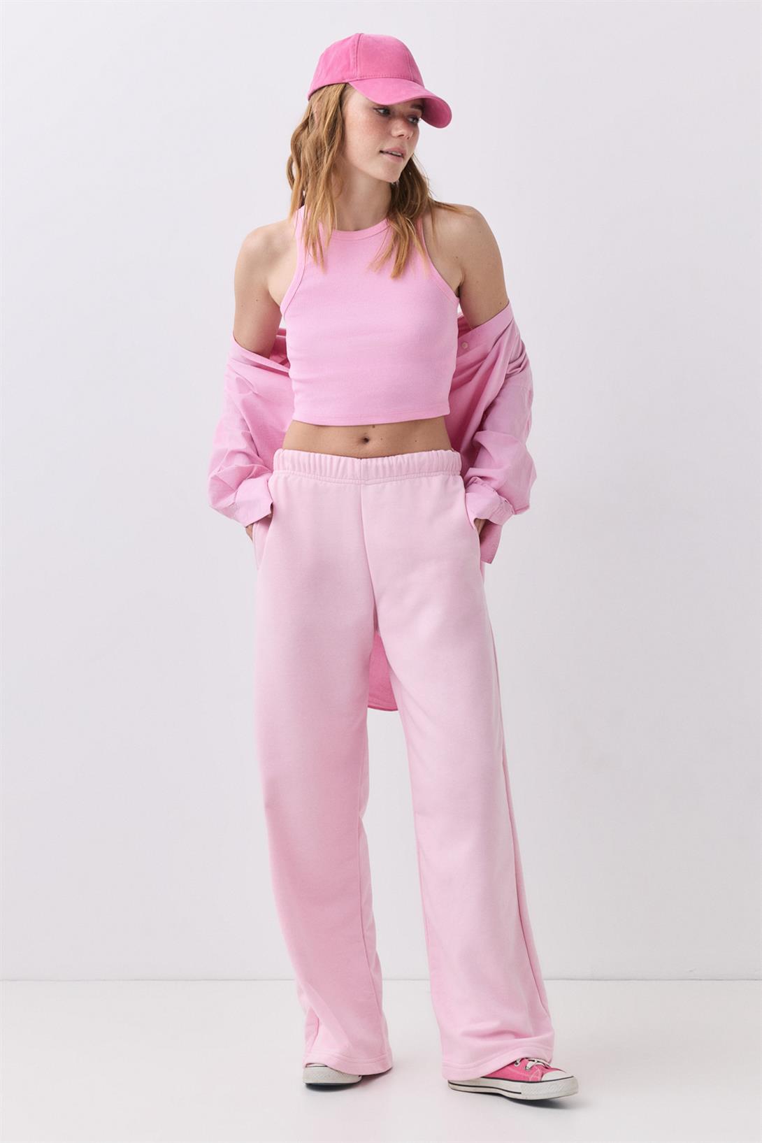 Kadın Slim Fit Dar Kalıp Sıfır Kol Bisiklet Yaka Örme Crop Atlet Pembe  9013