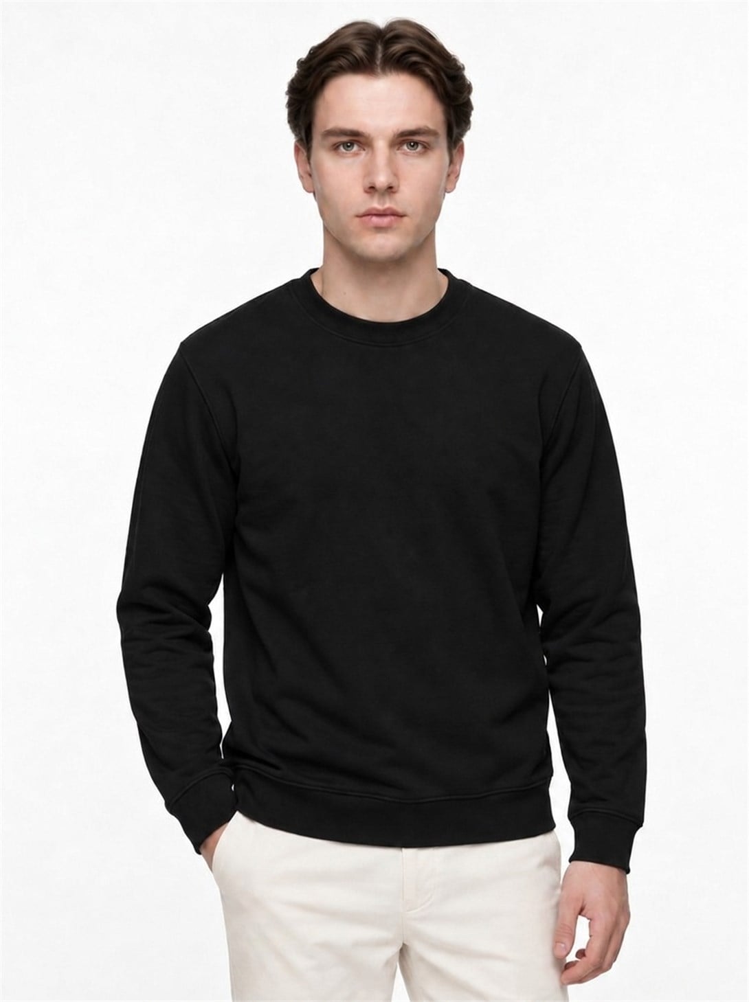 Erkek Standart Fit Normal Kesim 2 İplik Bisiklet Yaka Sweatshirt Siyah