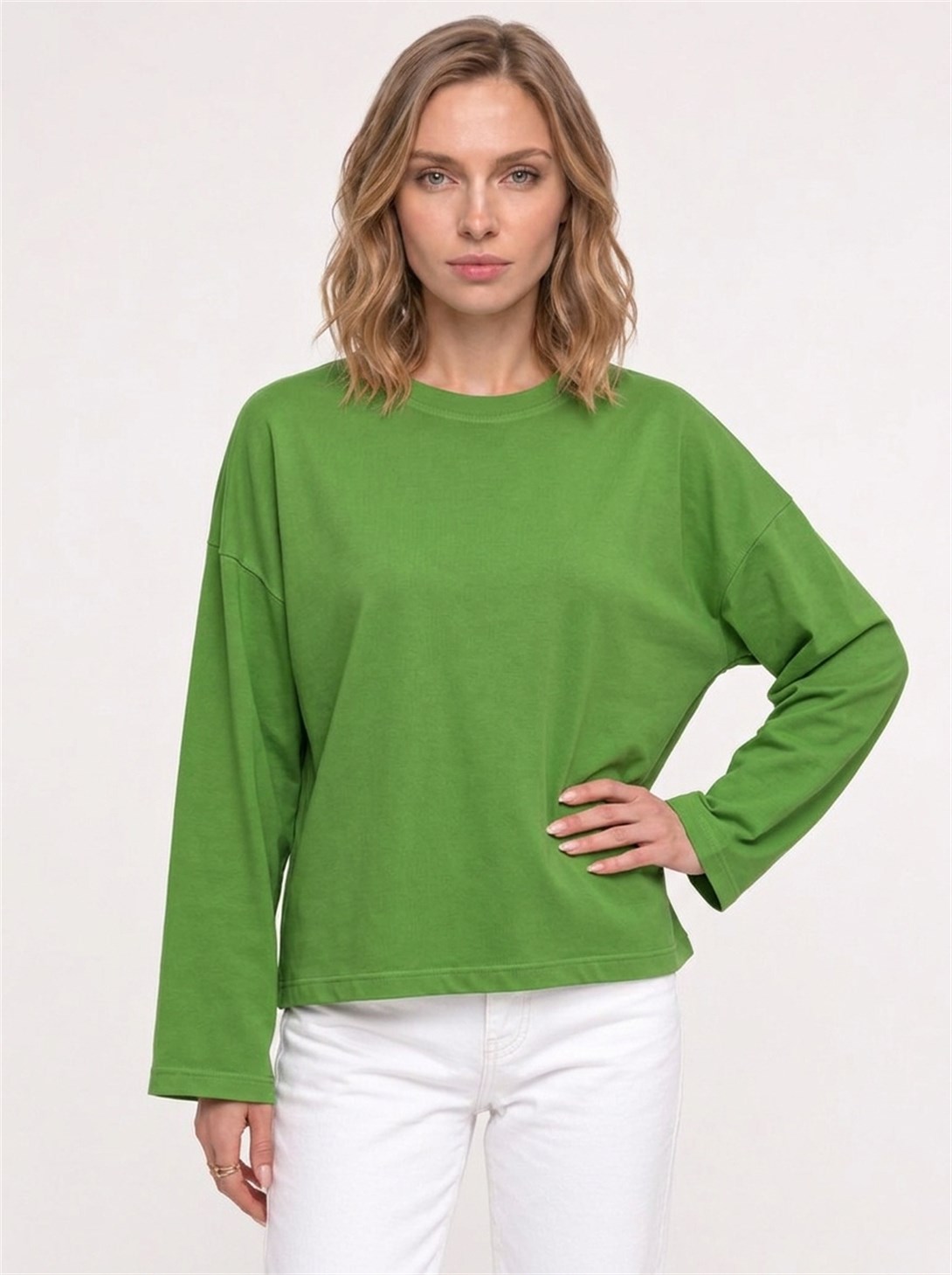 Kadın %100 Pamuk Bisiklet Yaka Uzun Kollu T-shirt Yeşil