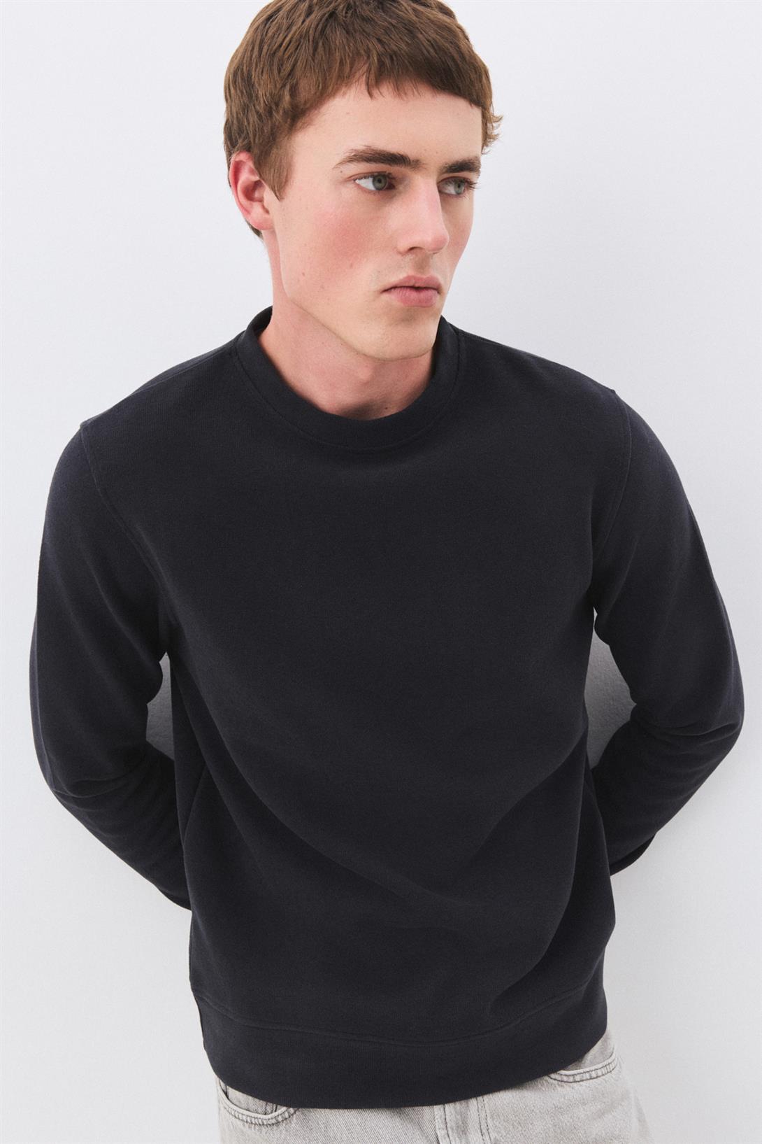 Erkek Slim Fit Pamuklu Selanik Kumaş Bisiklet Yaka Sweatshirt Füme