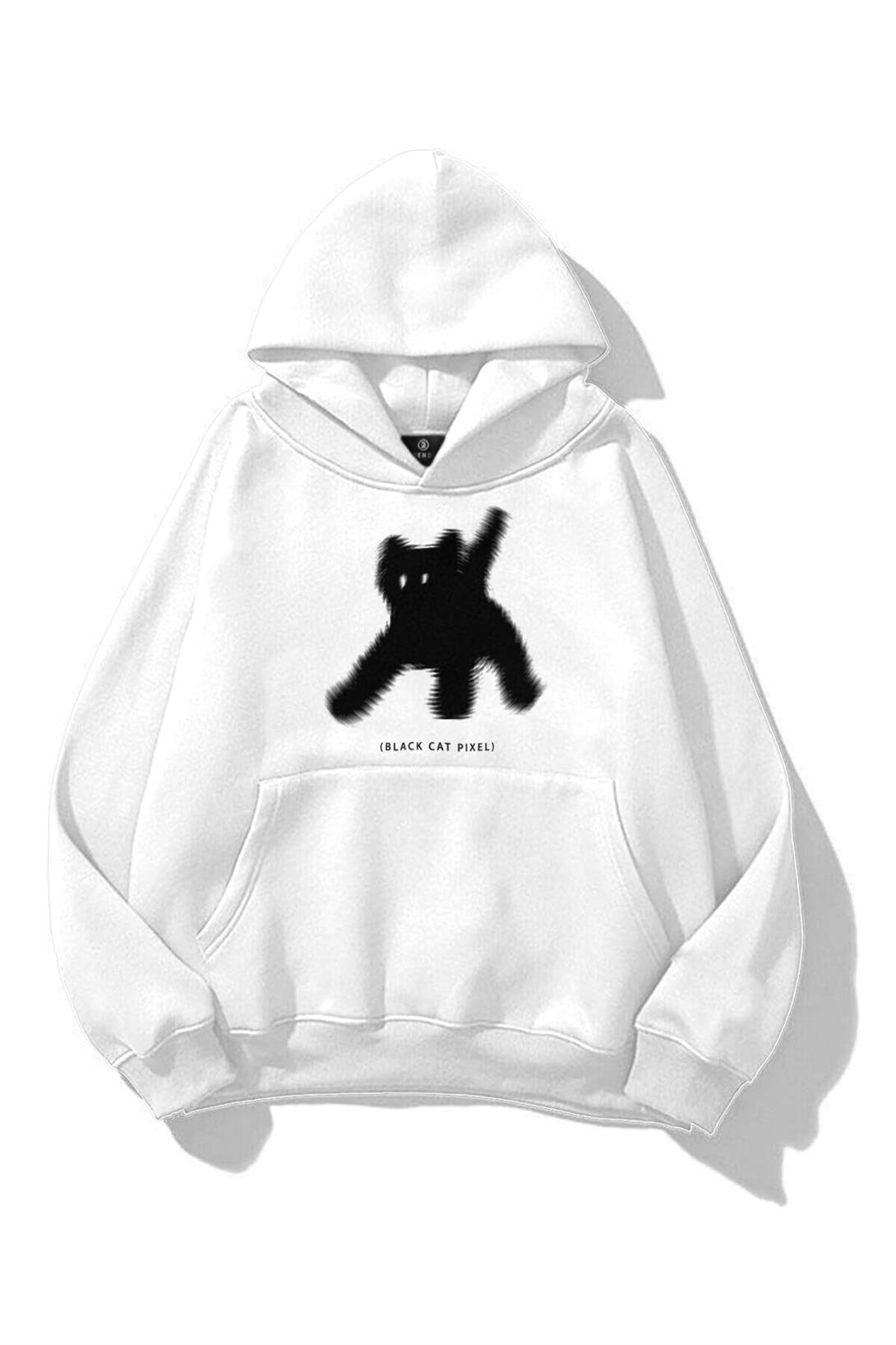 Unisex Black Cat Pixel Sweatshirt Beyaz