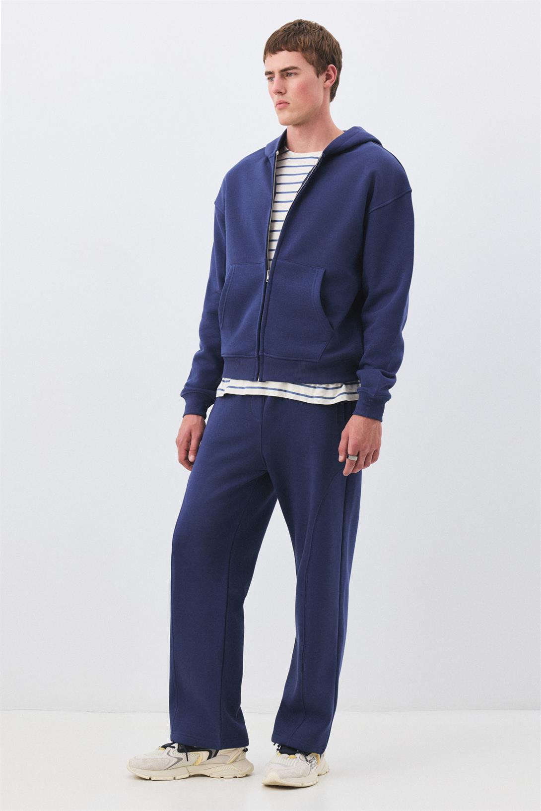 Erkek Premium Fermuarlı Kapşonlu Sweatshirt İndigo 2032