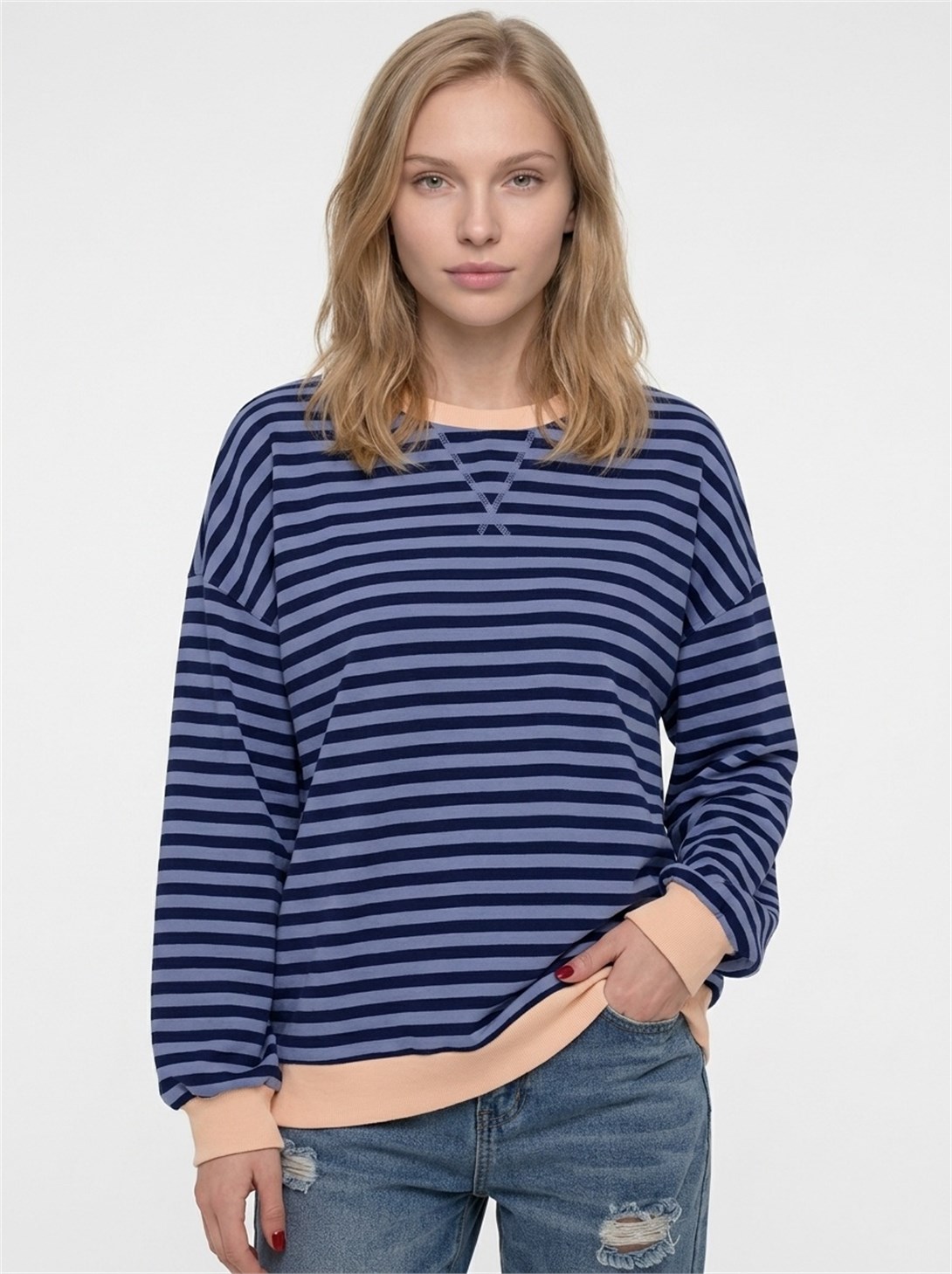Kadın Çizgili Ribanalı Oversize Sweatshirt Lacivert Mavi