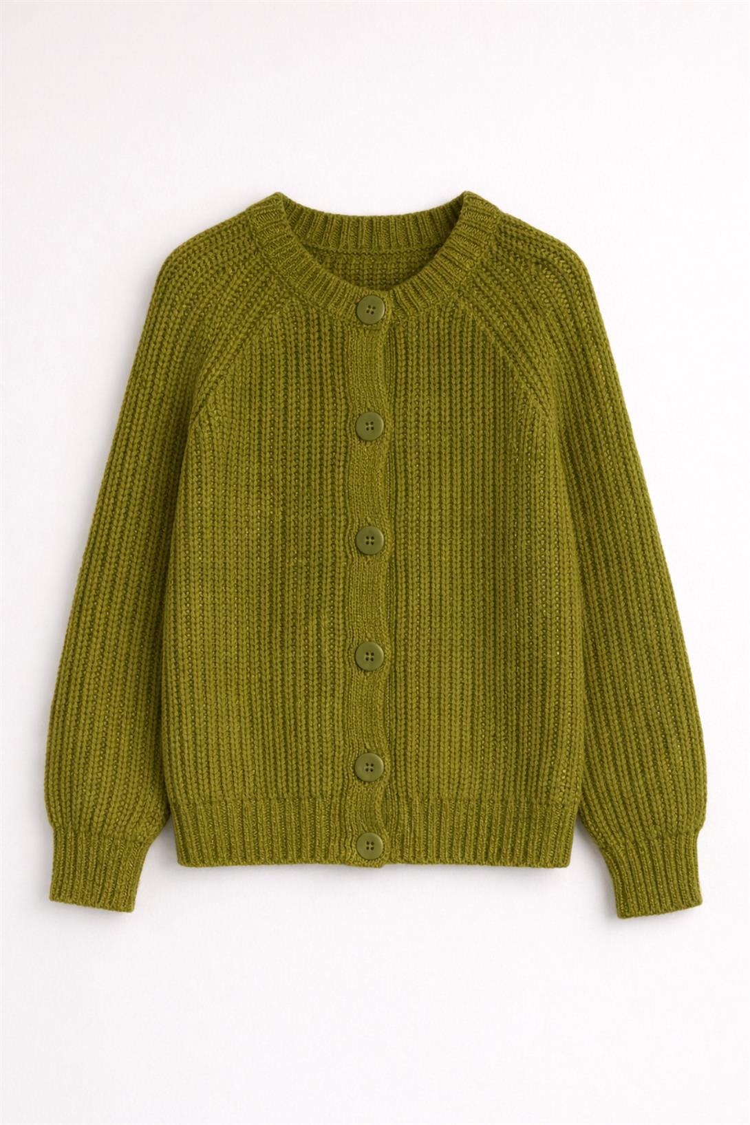 Kadın Yün Karışımlı Düğmeli Triko Hırka Yeşil 