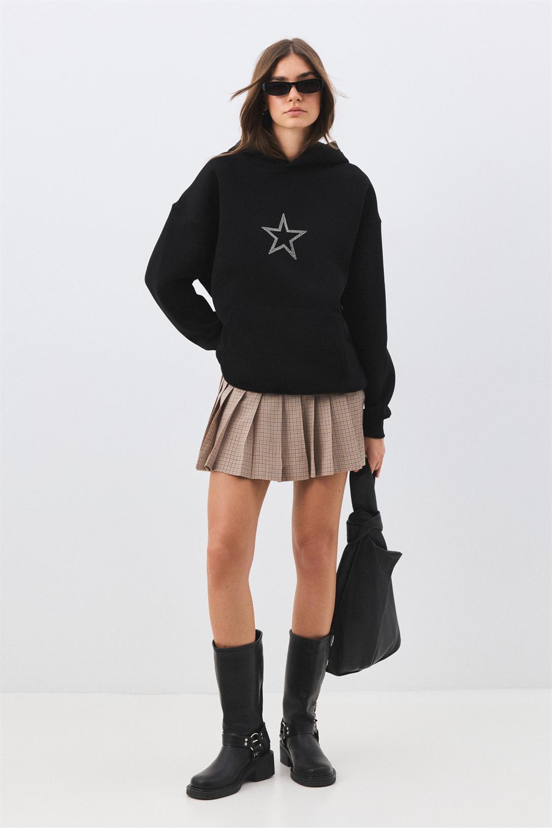 Unisex Star Stroke Taş Baskılı Sweatshirt Siyah
