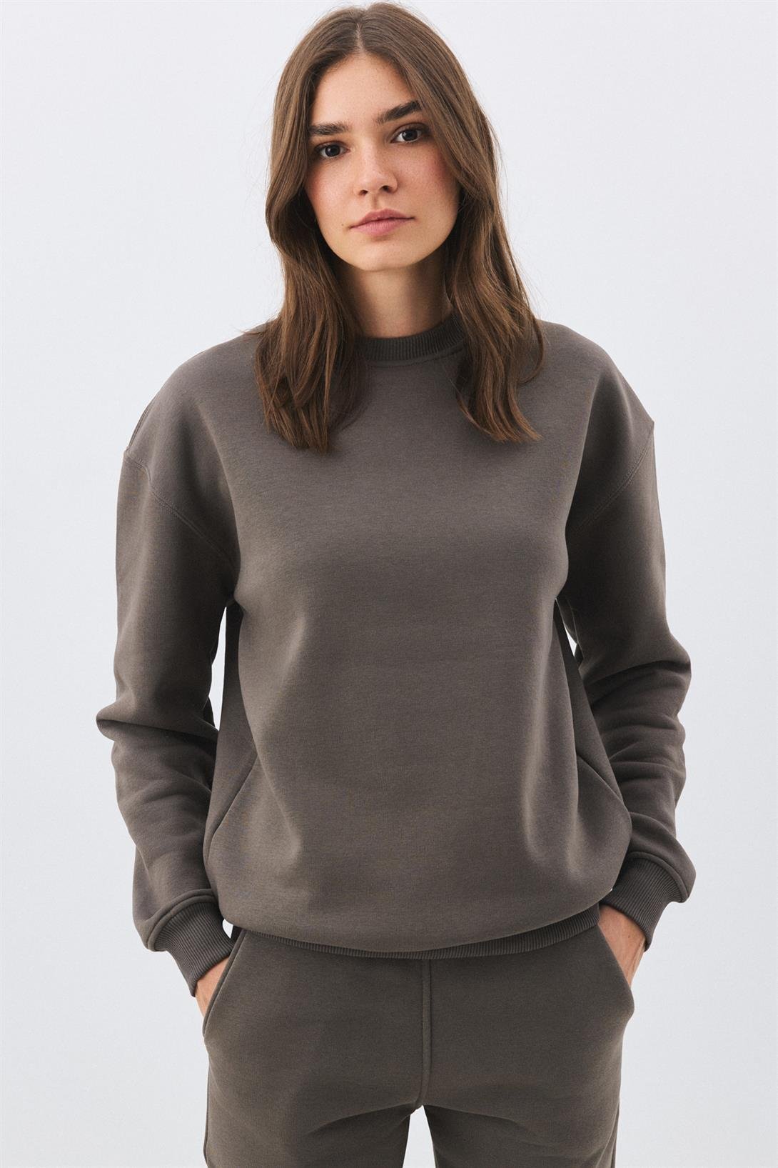 Kadın Premium Bisiklet Yaka Sweatshirt Antrasit 2031