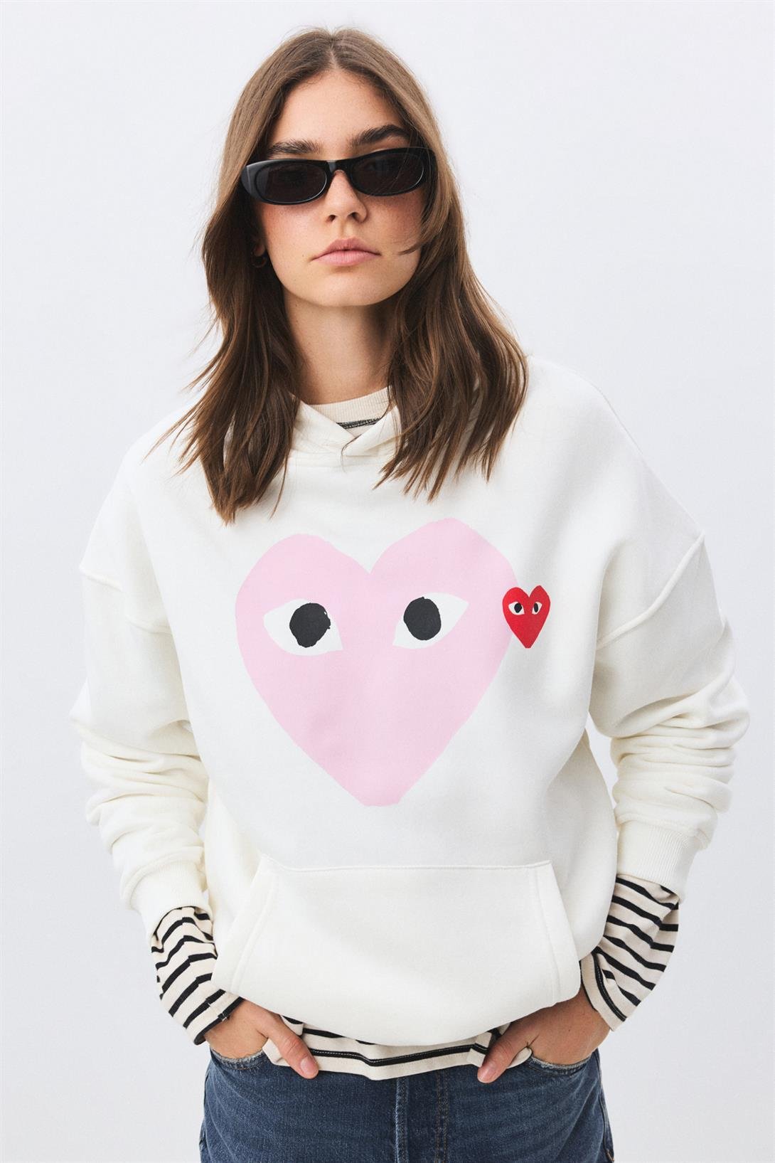 Unisex Pembe & Kırmızı Kalp Sweatshirt Beyaz