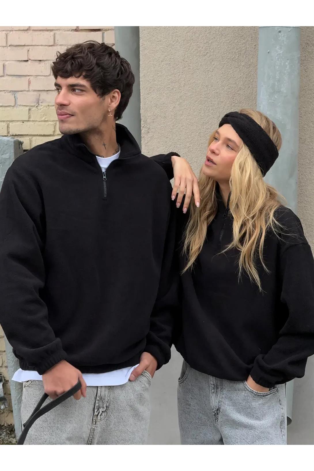 Unisex Relaxed Fit Yarım Fermuarlı Dik Yaka Sweatshirt Siyah 2052