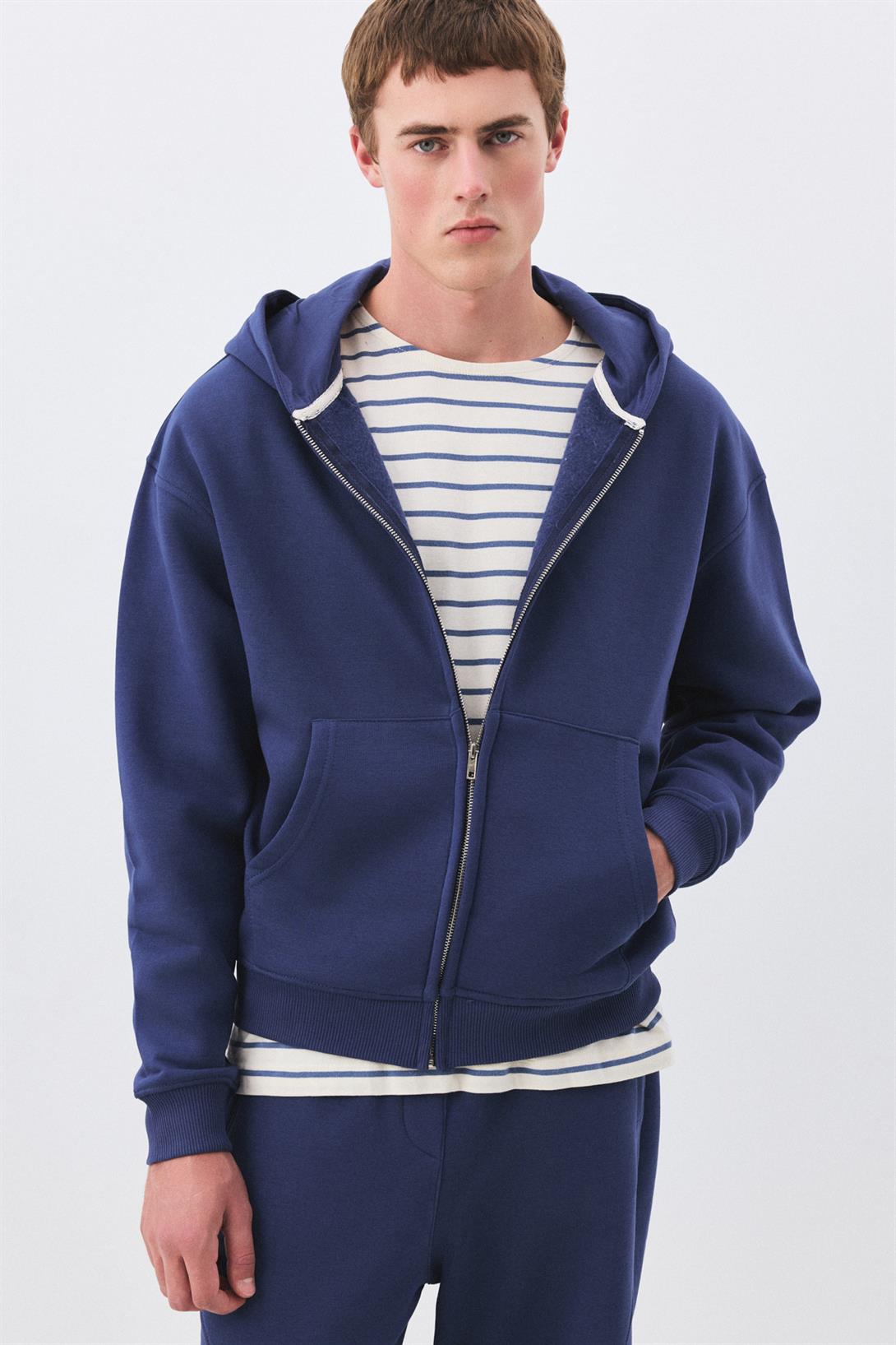 Erkek Premium Fermuarlı Kapşonlu Sweatshirt İndigo 2032