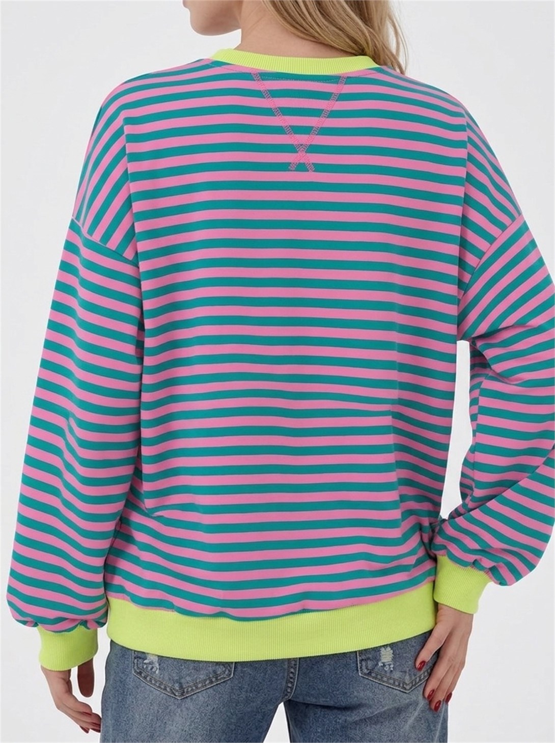 Kadın Çizgili Ribanalı Oversize Sweatshirt Turkuaz Pembe
