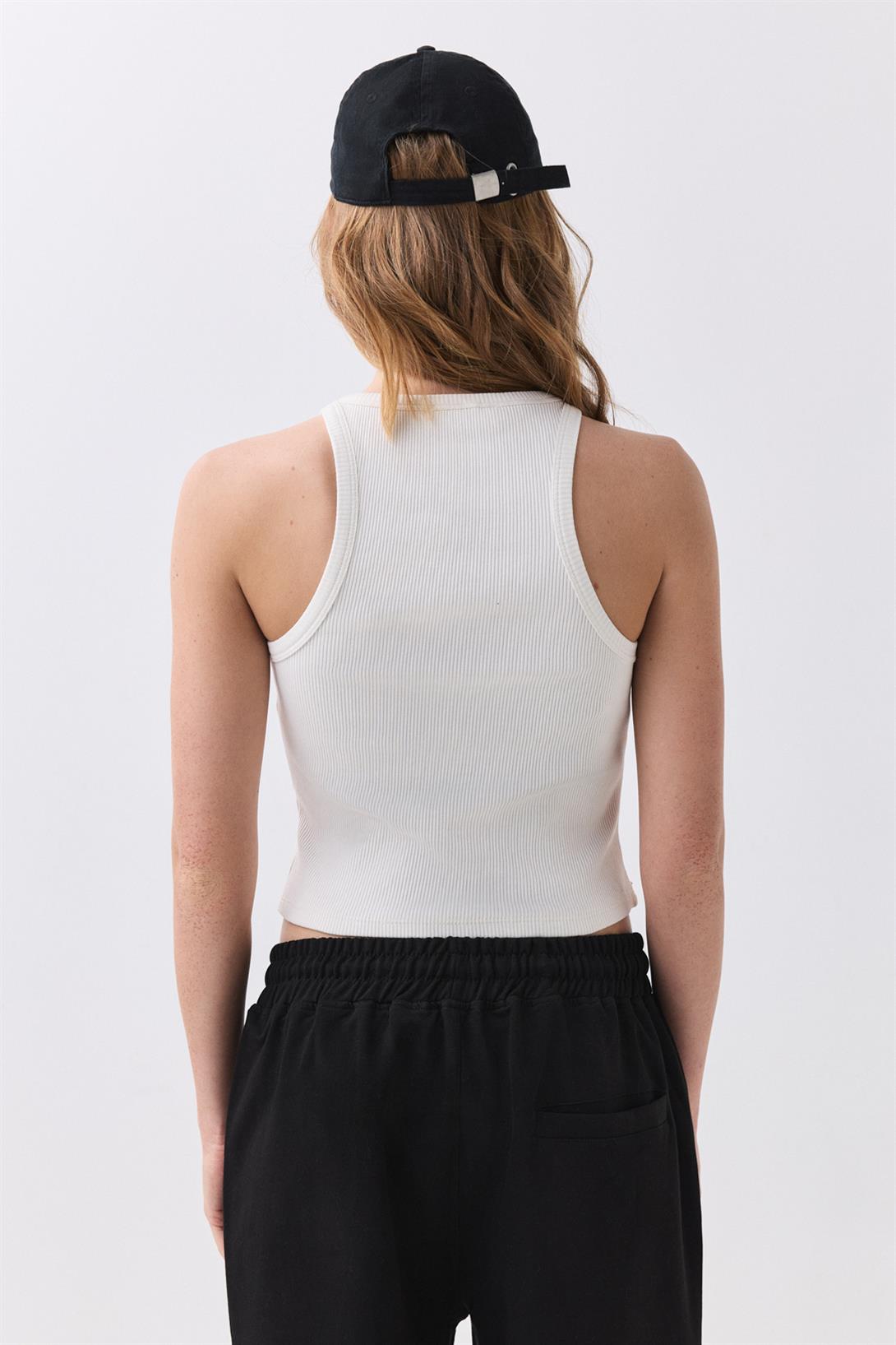 Kadın Bisiklet Yaka Örme Atlet Beyaz 9016