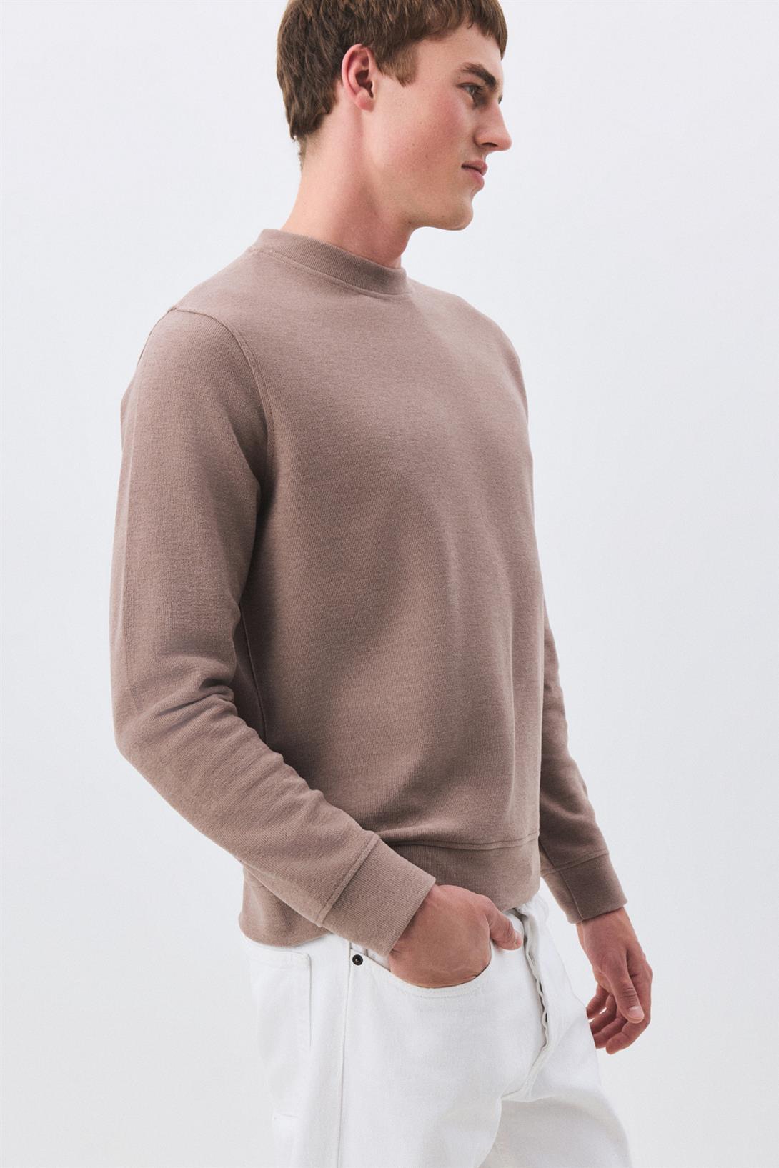 Erkek Slim Fit Pamuklu Selanik Kumaş Bisiklet Yaka Sweatshirt Camel