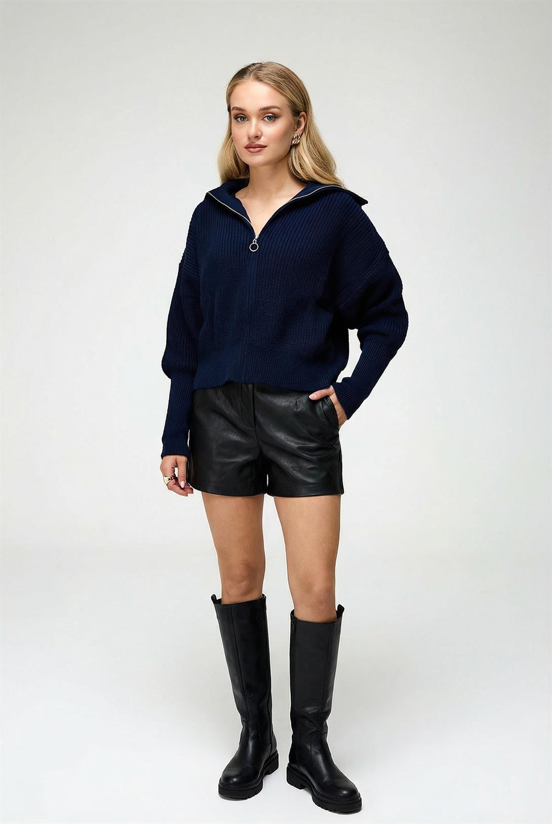 Kadın Fermuarlı Balıkçı Yaka Triko Hırka Lacivert 6919