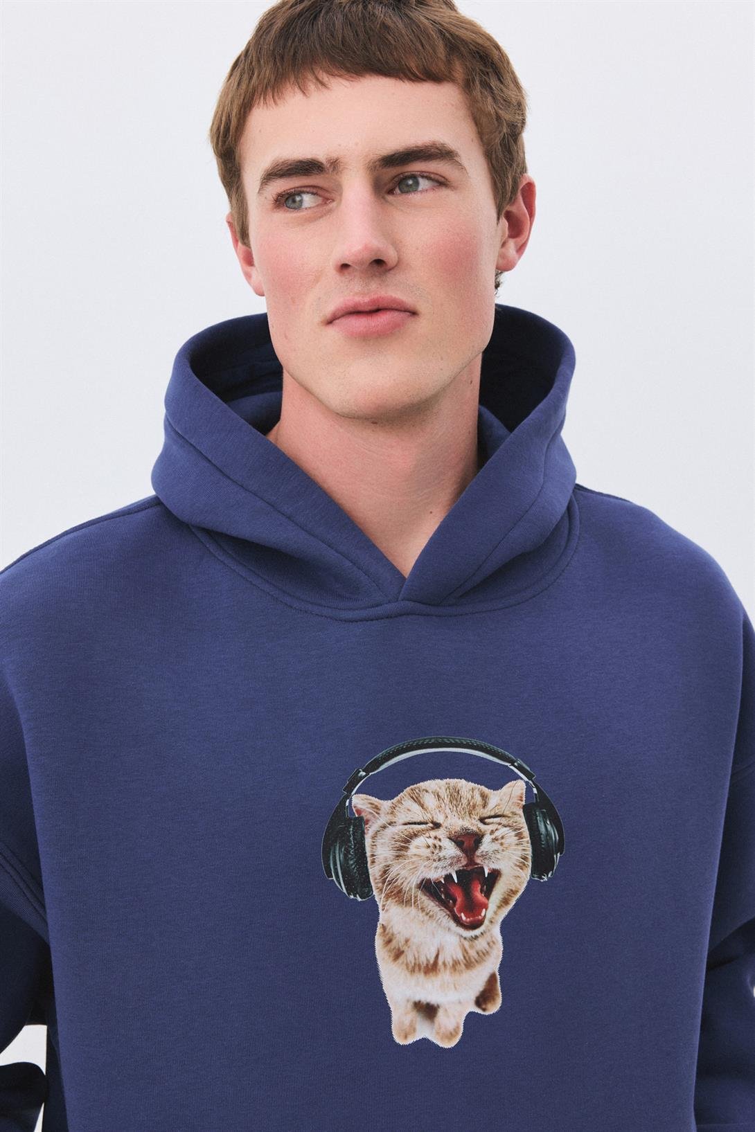 Unisex Kulaklıklı Kedi Sweatshirt İndigo