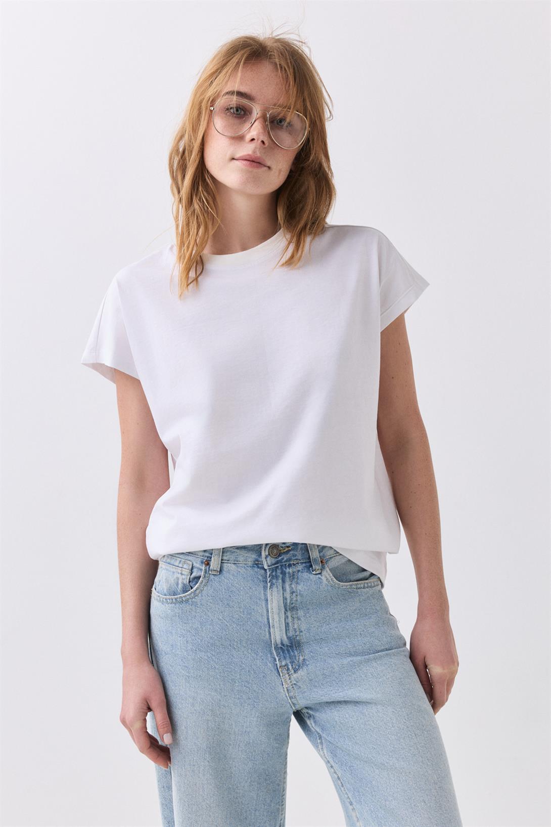 Kadın Karpuz Kol Basic Tshirt Beyaz 5011