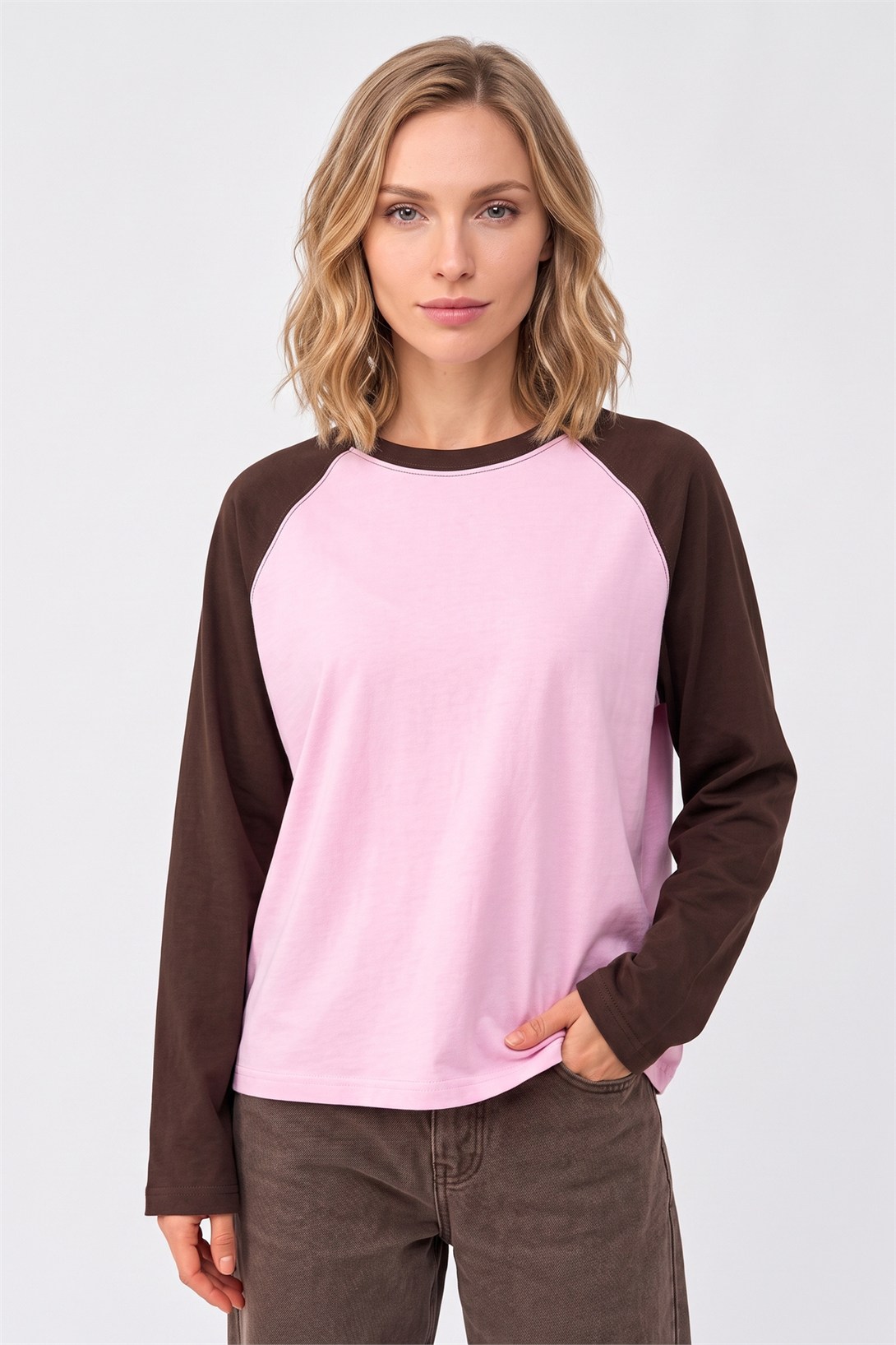 Kadın Reglan Kol Uzun Kollu Interlok T-Shirt Kahve Pembe