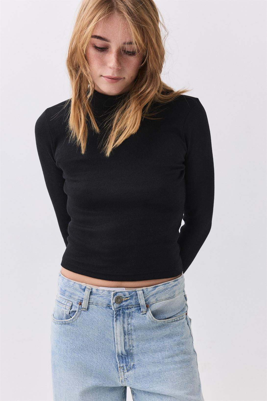 Kadın Balıkçı Yaka Uzun Kollu Bluz Siyah 9021