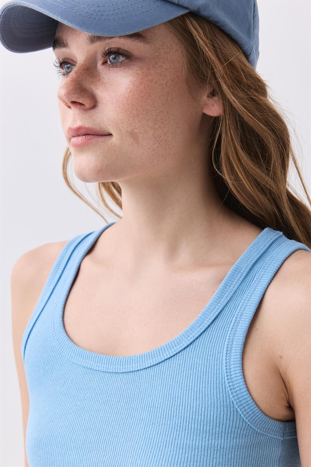 Kadın Fitilli Görünümlü Kalın Askılı Atlet Mavi 9012