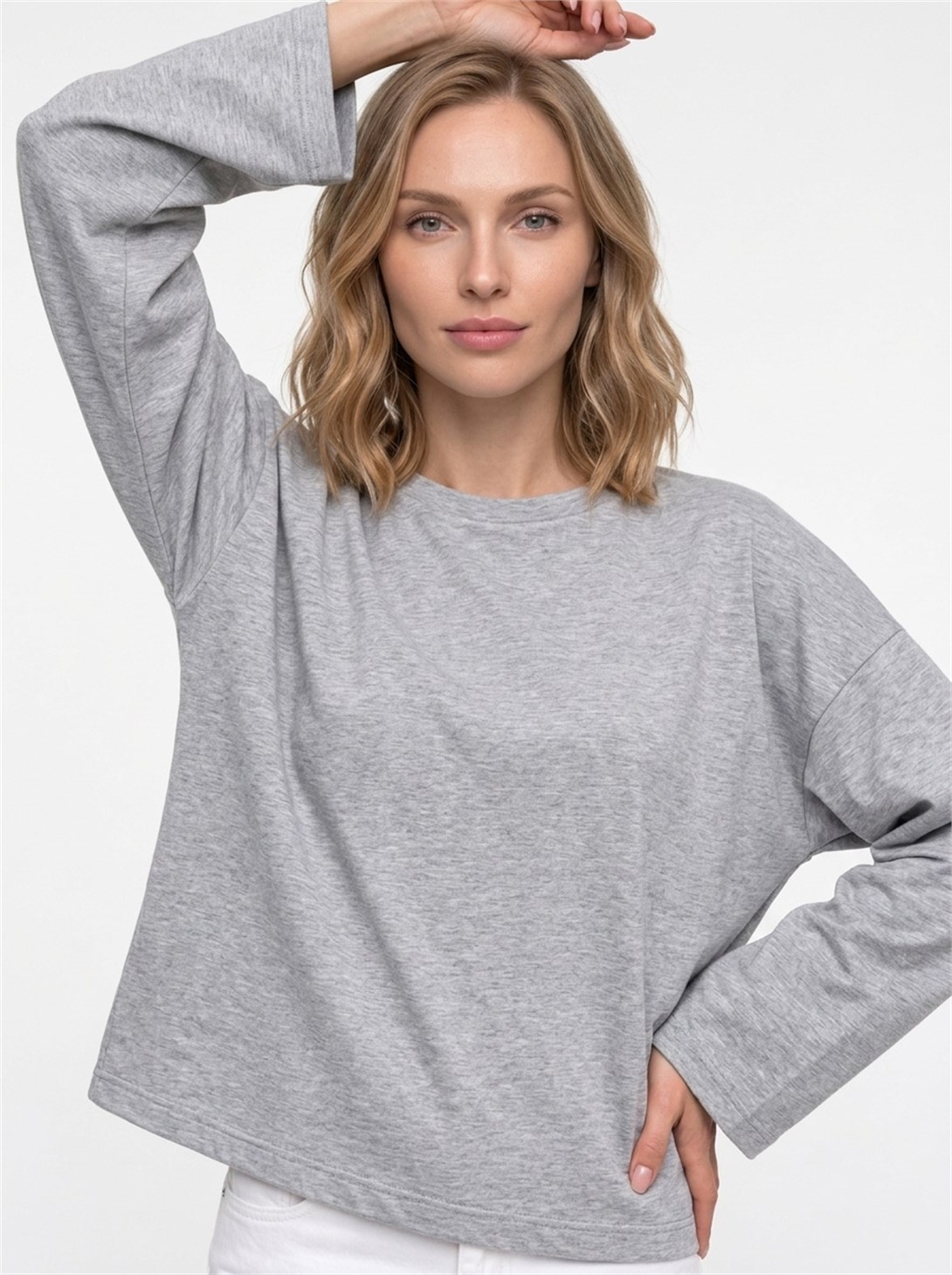 Kadın %100 Pamuk Bisiklet Yaka Uzun Kollu T-shirt Grimelanj