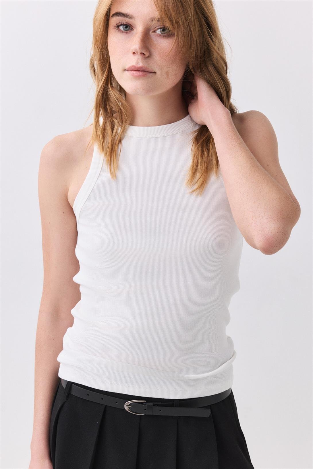Kadın Pamuklu Askılı Halter Yaka Basic Atlet Beyaz 9011