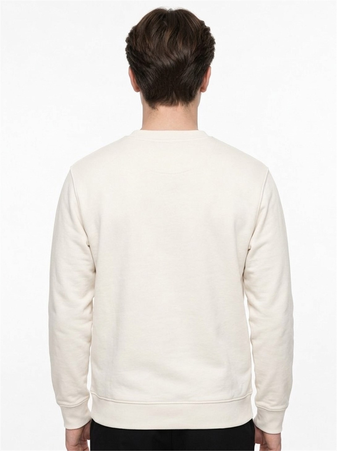 Erkek Standart Fit Normal Kesim 2 İplik Bisiklet Yaka Sweatshirt Ekru