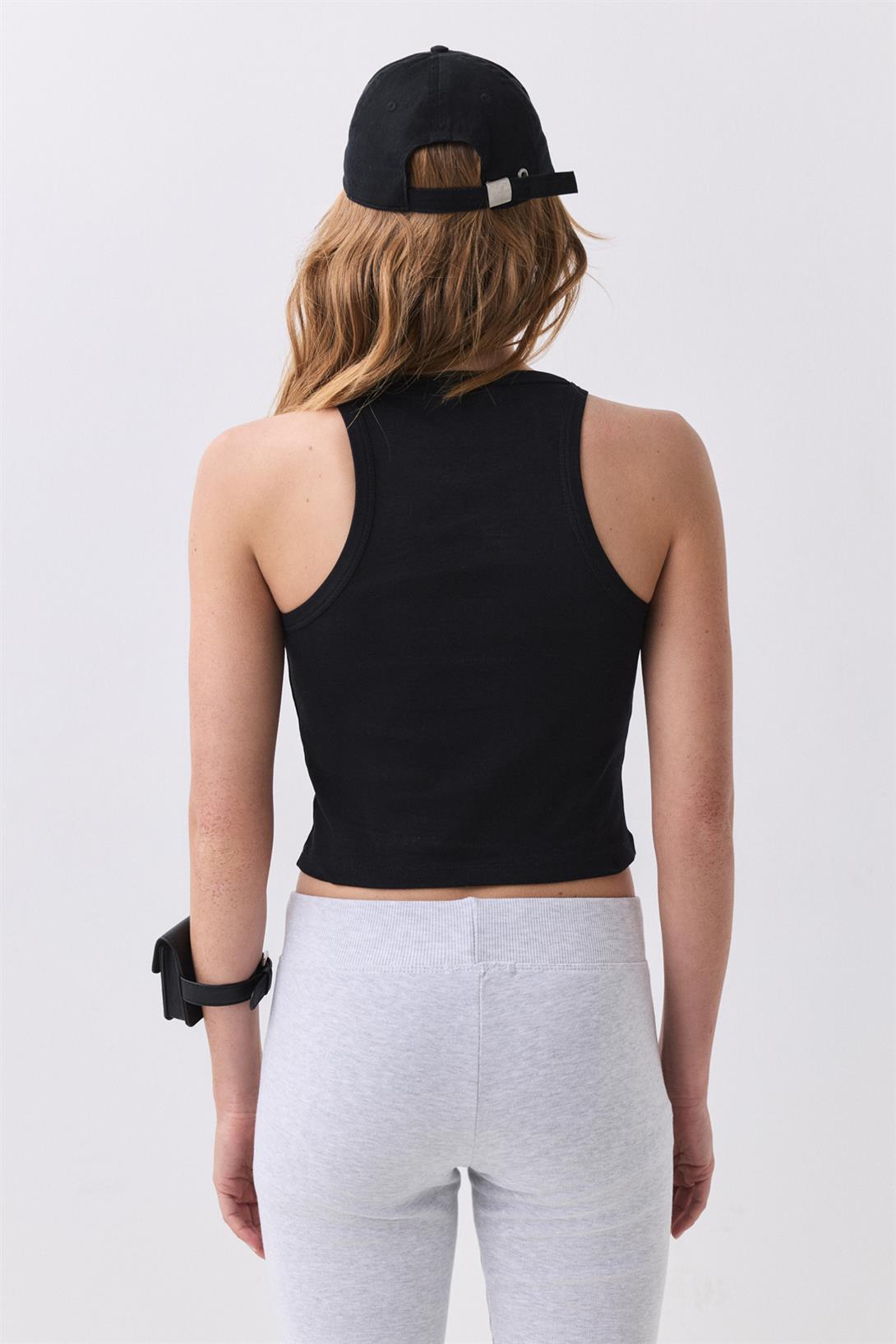 Kadın Bisiklet Yaka Örme Atlet Siyah 9016