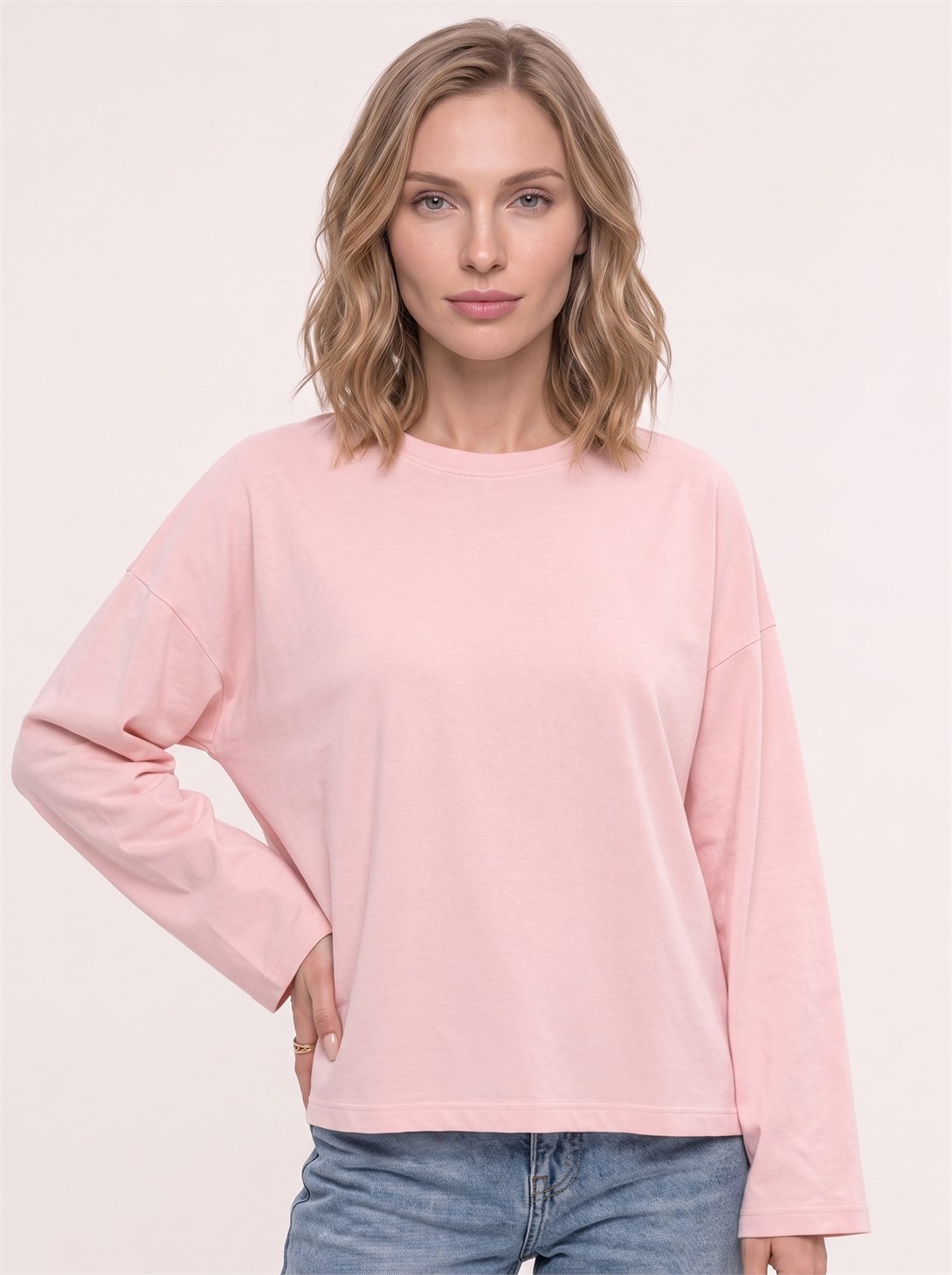 Kadın %100 Pamuk Bisiklet Yaka Uzun Kollu T-shirt Pembe 