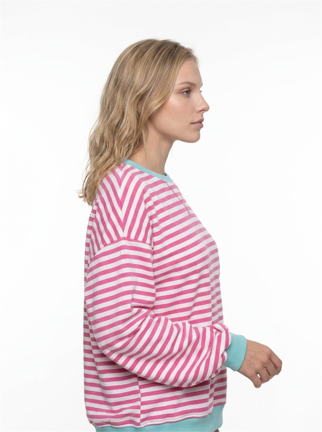 Kadın Çizgili Ribanalı Oversize Sweatshirt Pembe Beyaz