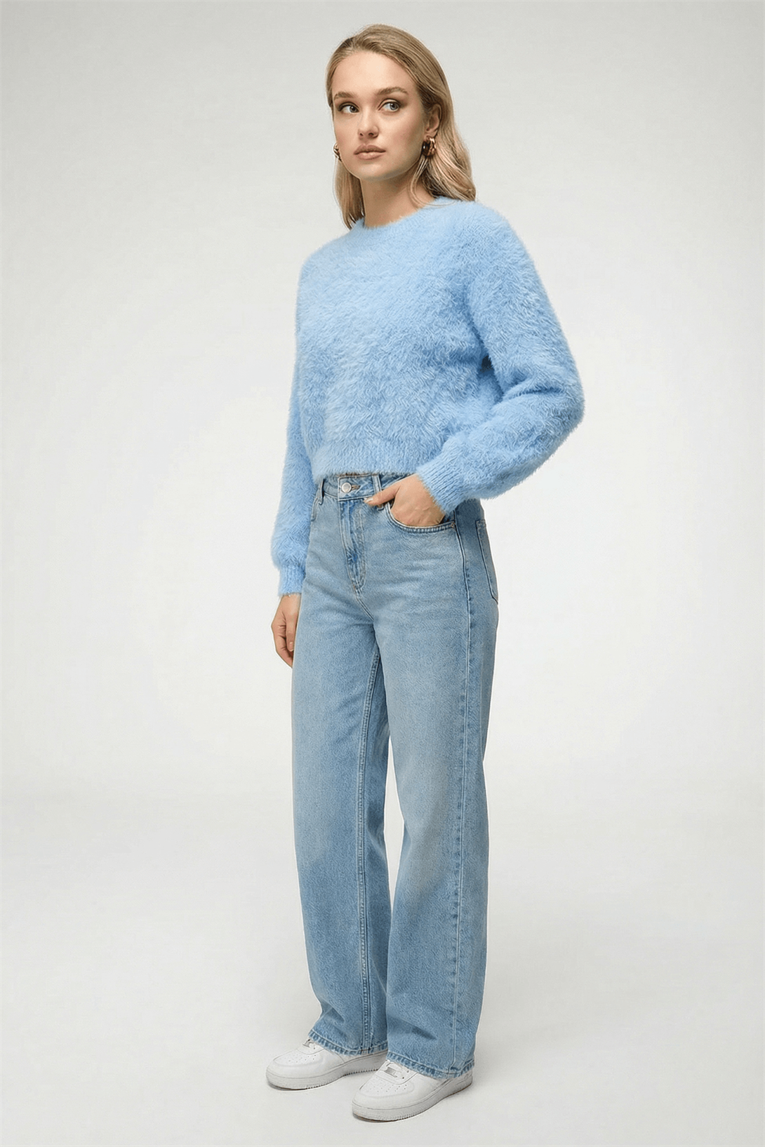 Kadın Peluş Görünümlü Sakallı Bisiklet Yaka Kazak Mavi 