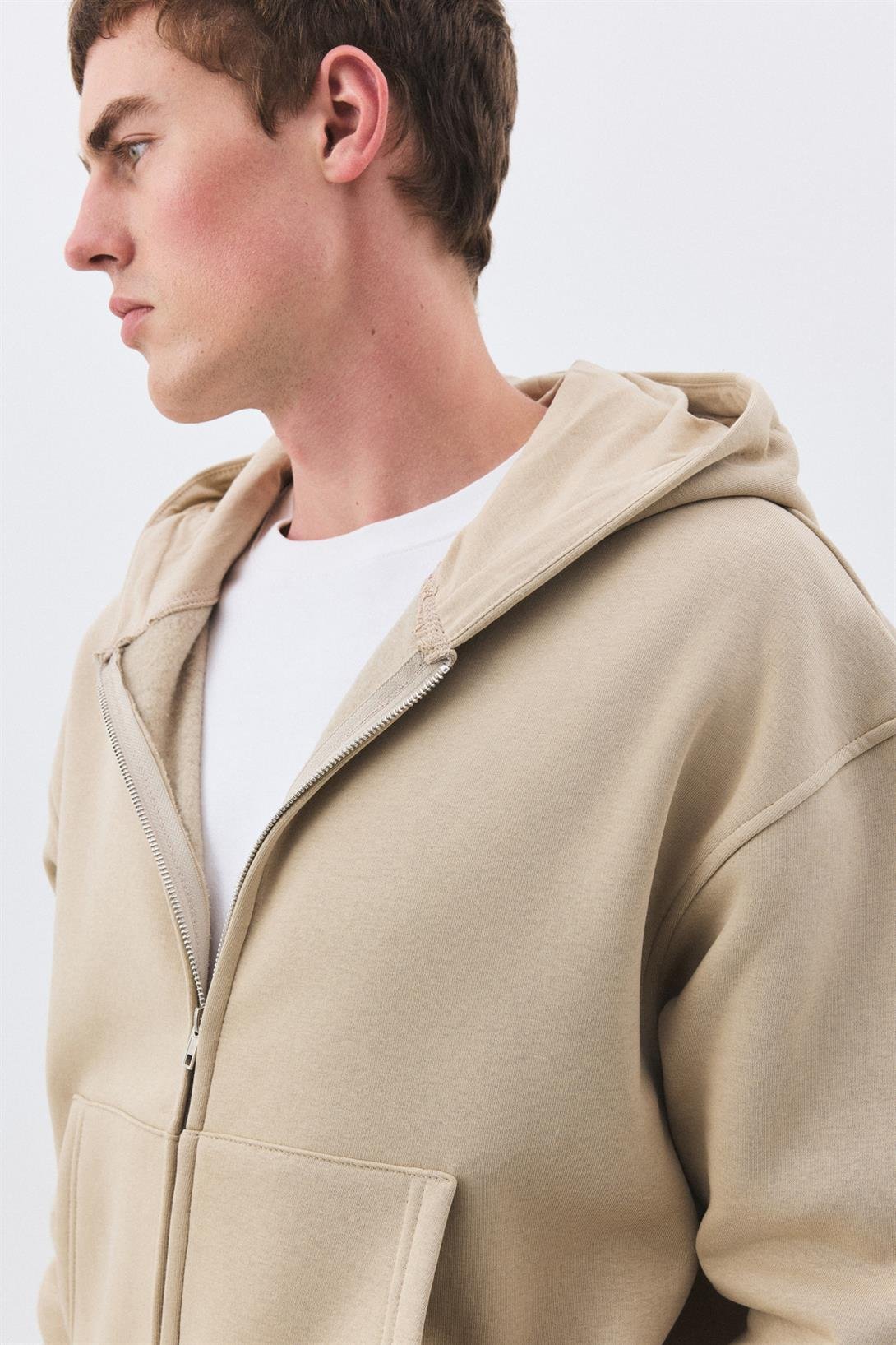 Erkek Premium Fermuarlı Kapşonlu Sweatshirt Taş 2032