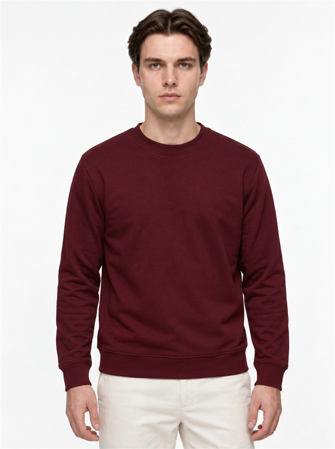 Erkek Standart Fit Normal Kesim 2 İplik Bisiklet Yaka Sweatshirt Bordo