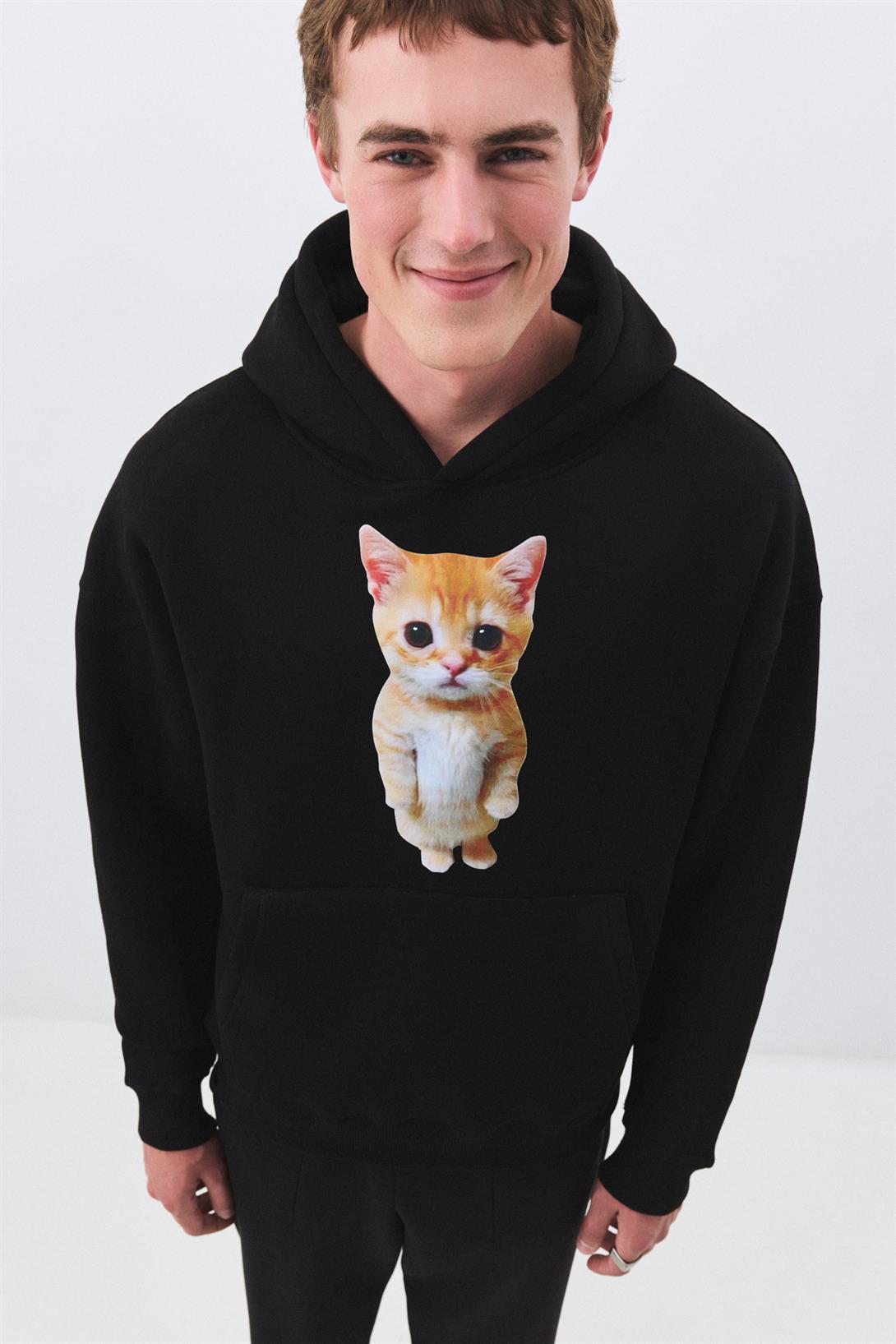 Unisex Sad Cat Sweatshirt Siyah