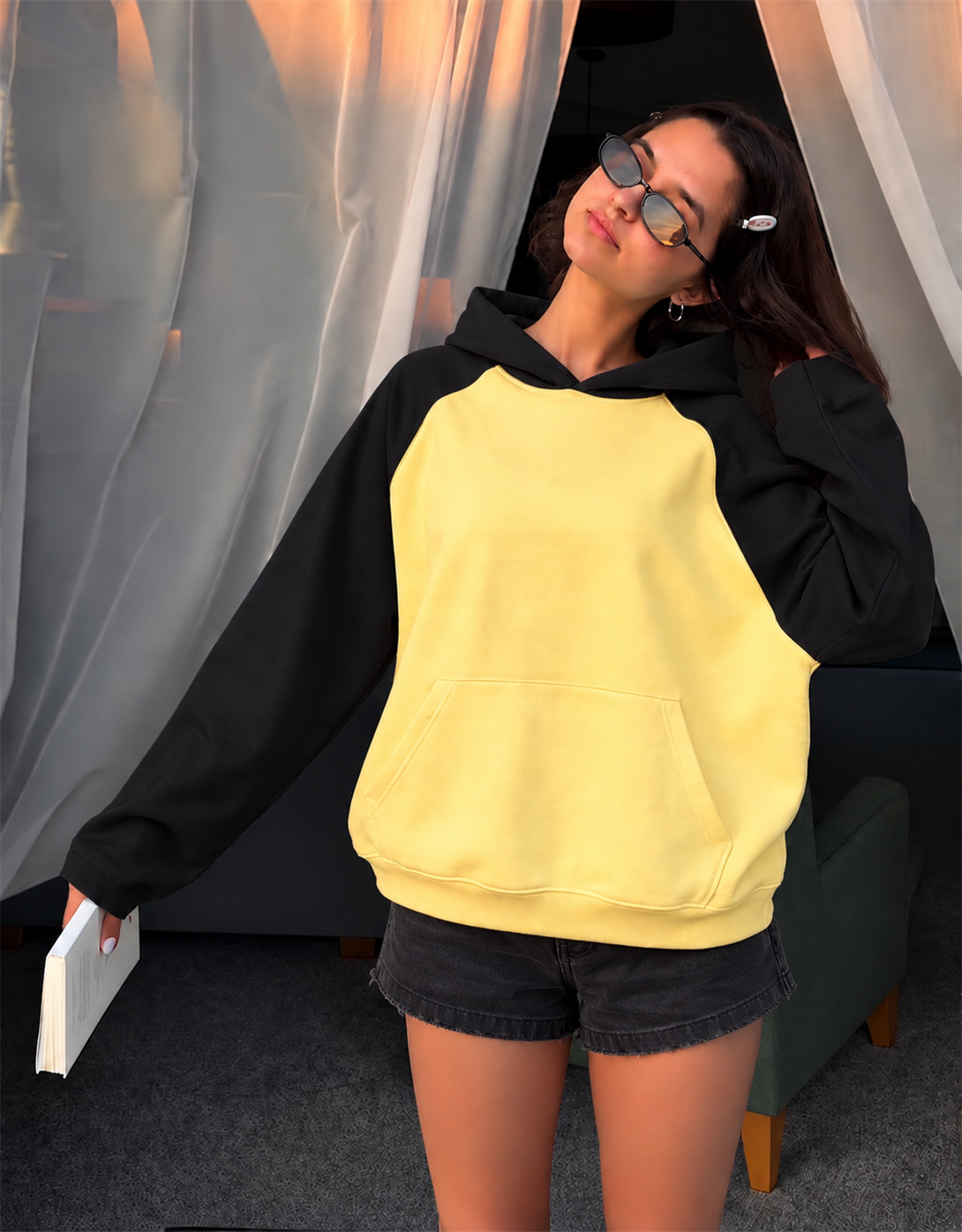 Kadın Reglan Kol Sweatshırt Sarı Siyah 
