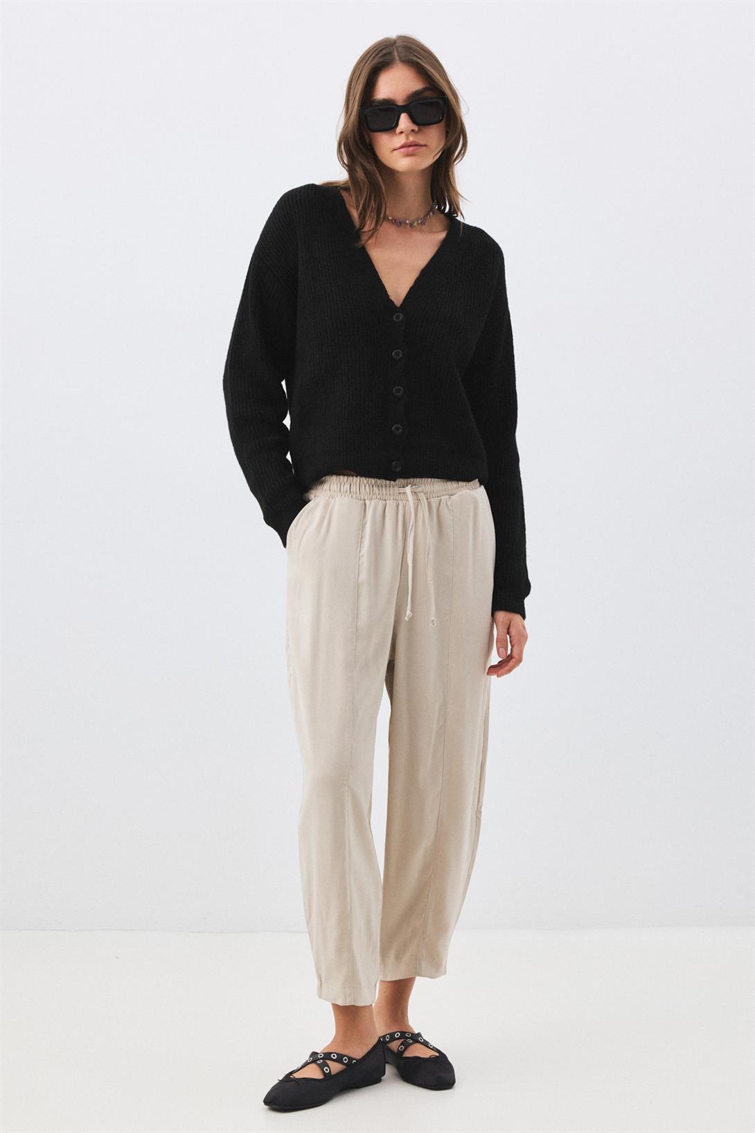 Kadın Beli Lastikli Parçalı Şalvar Pantolon Taş 4307