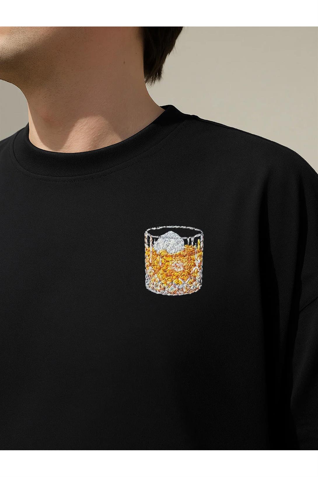 Unisex Premium Whiskey on the Rocks Nakışlı Tshirt Siyah