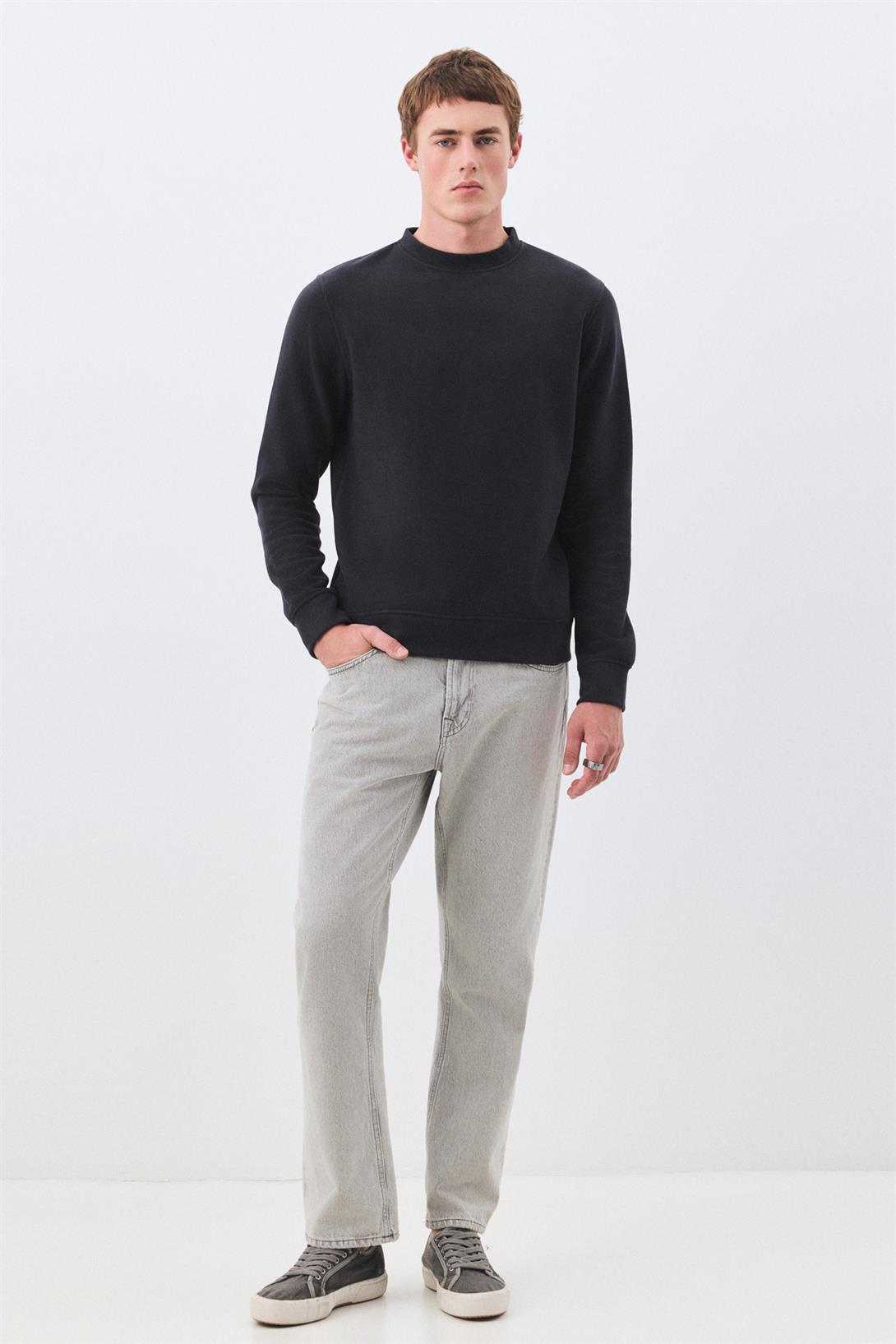 Erkek Slim Fit Pamuklu Selanik Kumaş Bisiklet Yaka Sweatshirt Füme