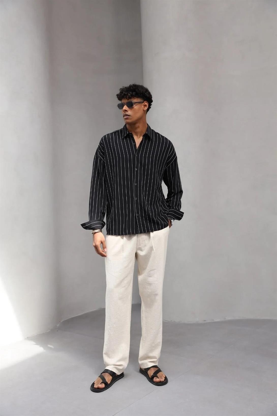 Erkek Premium Yumuşak Dokulu Çizgili Gömlek Siyah