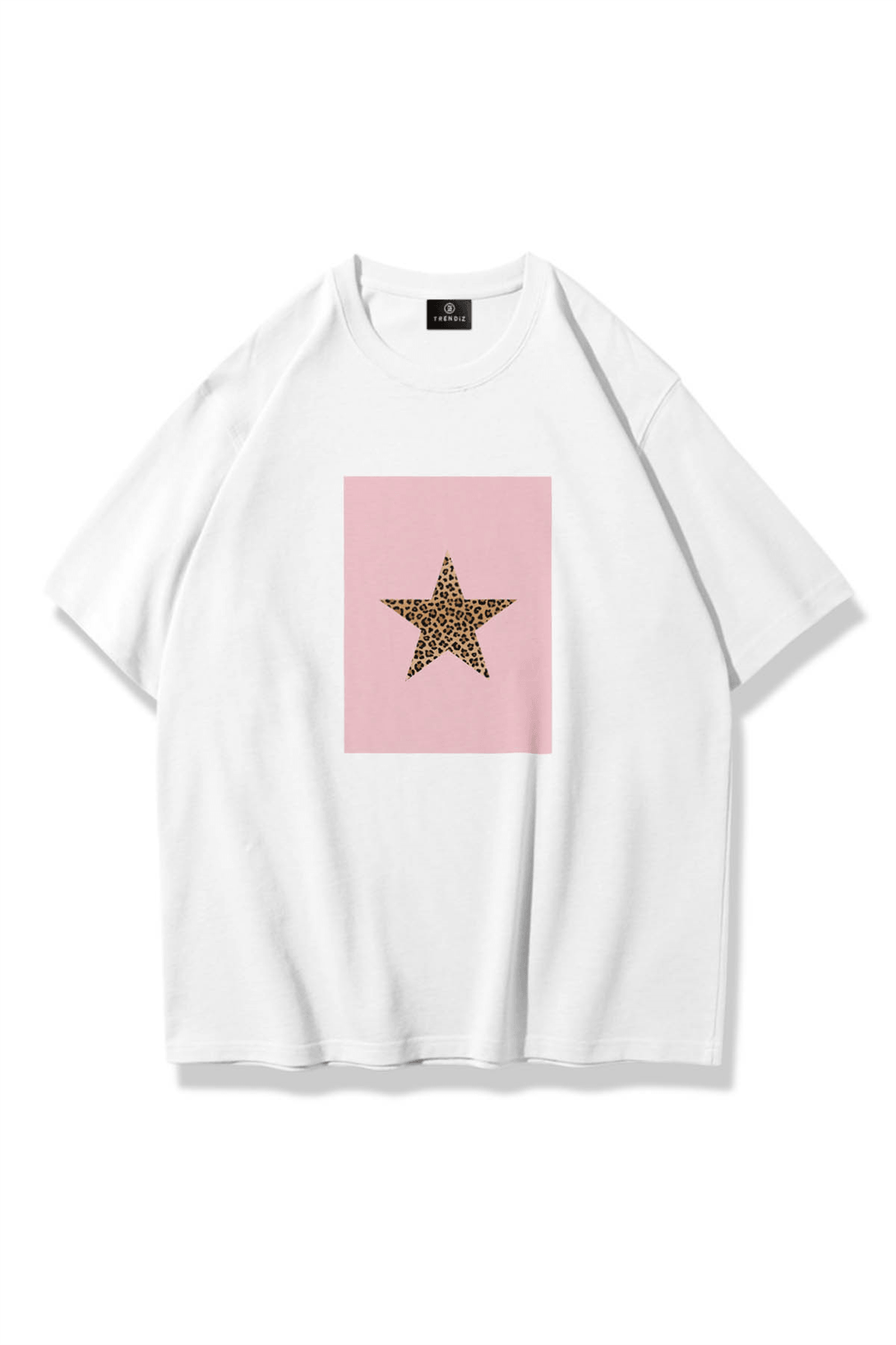 Kadın Pembe Çerçeveli Leopar Yıldız Tshirt Beyaz