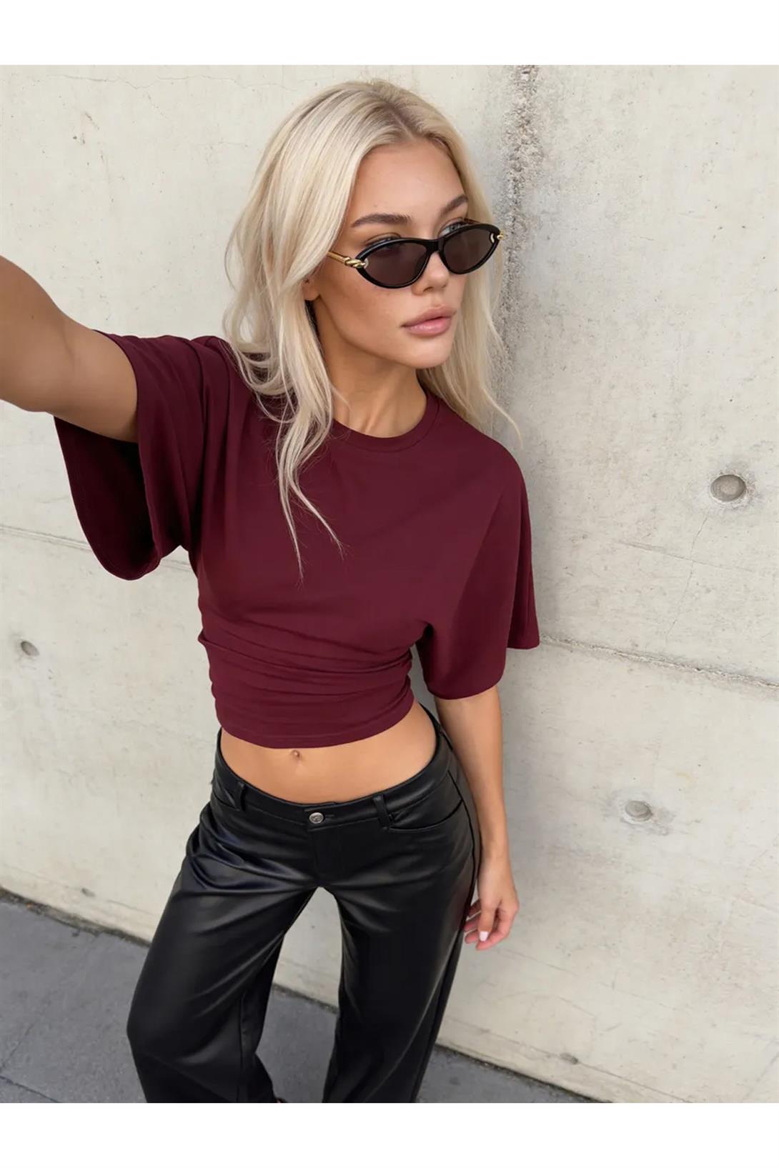 Kadın Bele Oturan Geniş Kollu Premium Bluz Bordo