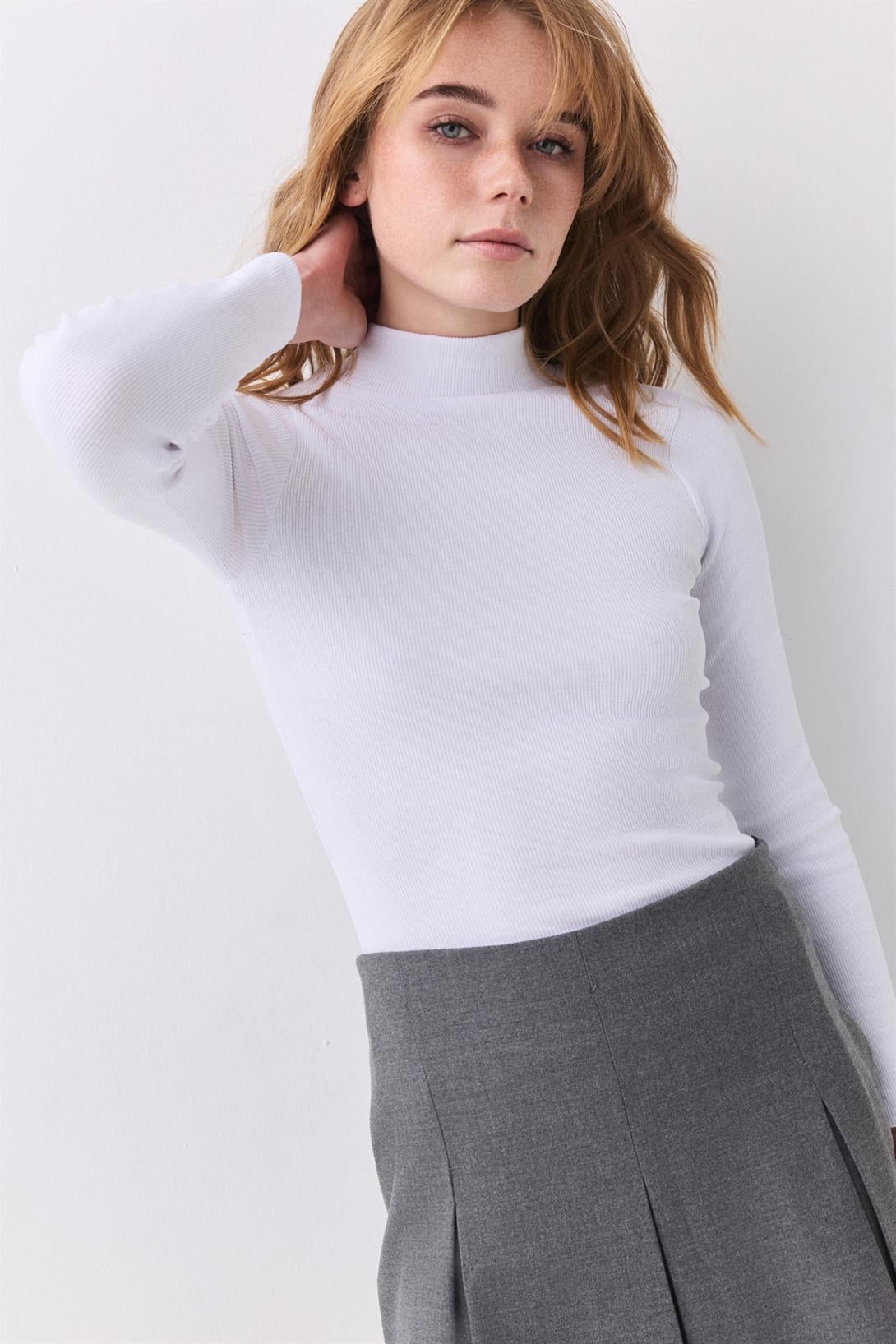 Kadın Balıkçı Yaka Uzun Kollu Bluz Beyaz 9021