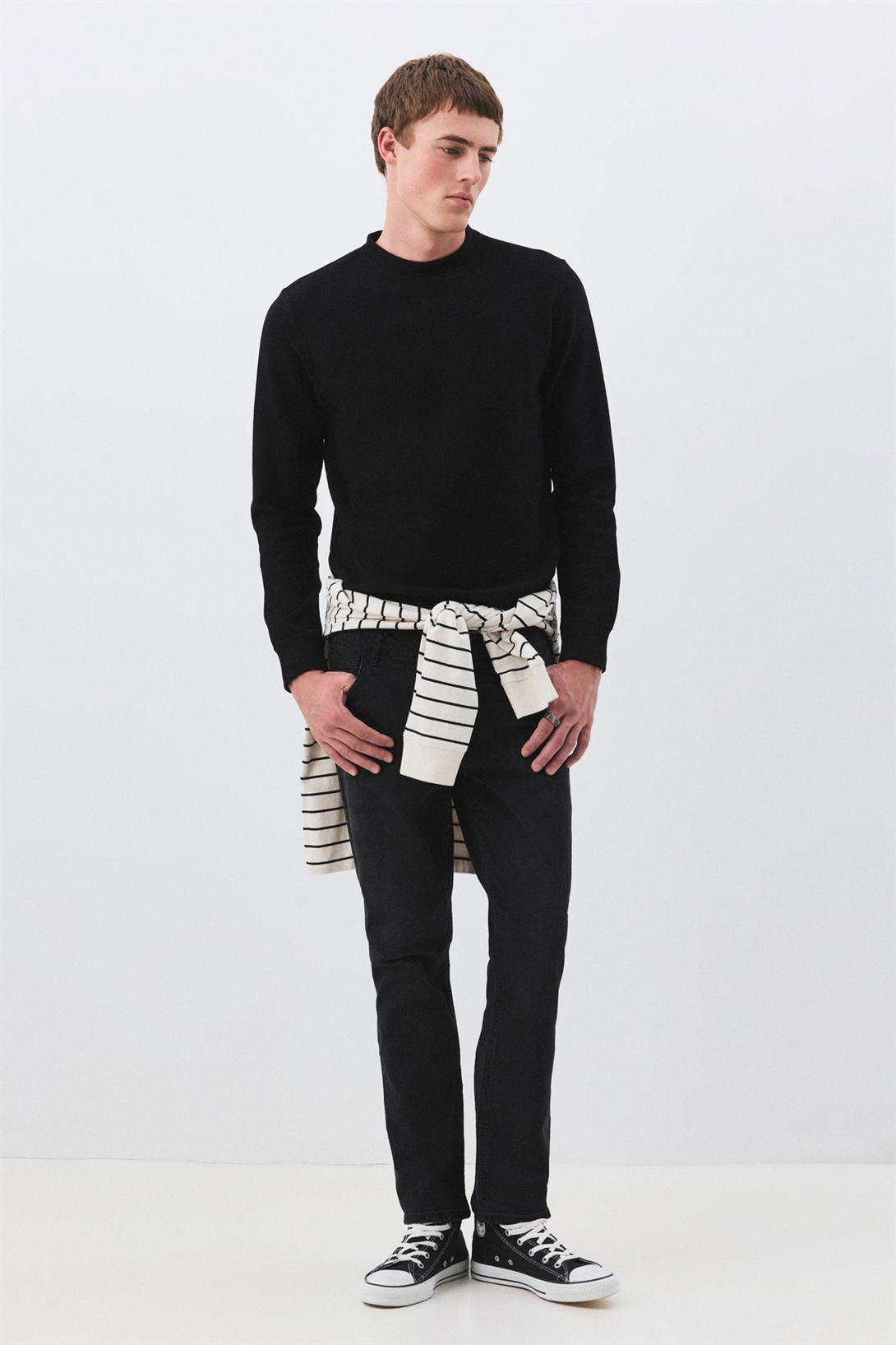 Erkek Slim Fit Pamuklu Selanik Kumaş Bisiklet Yaka Sweatshirt Siyah