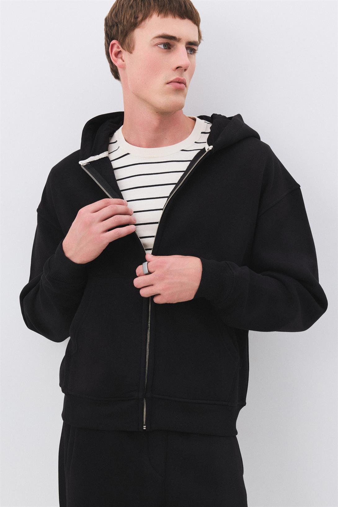 Erkek Premium Fermuarlı Kapşonlu Sweatshirt Siyah 2032