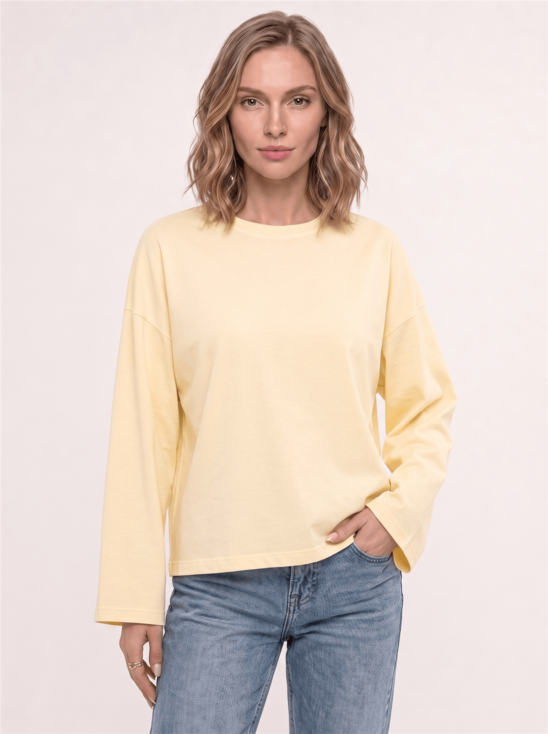 Kadın %100 Pamuk Bisiklet Yaka Uzun Kollu T-shirt Sarı 