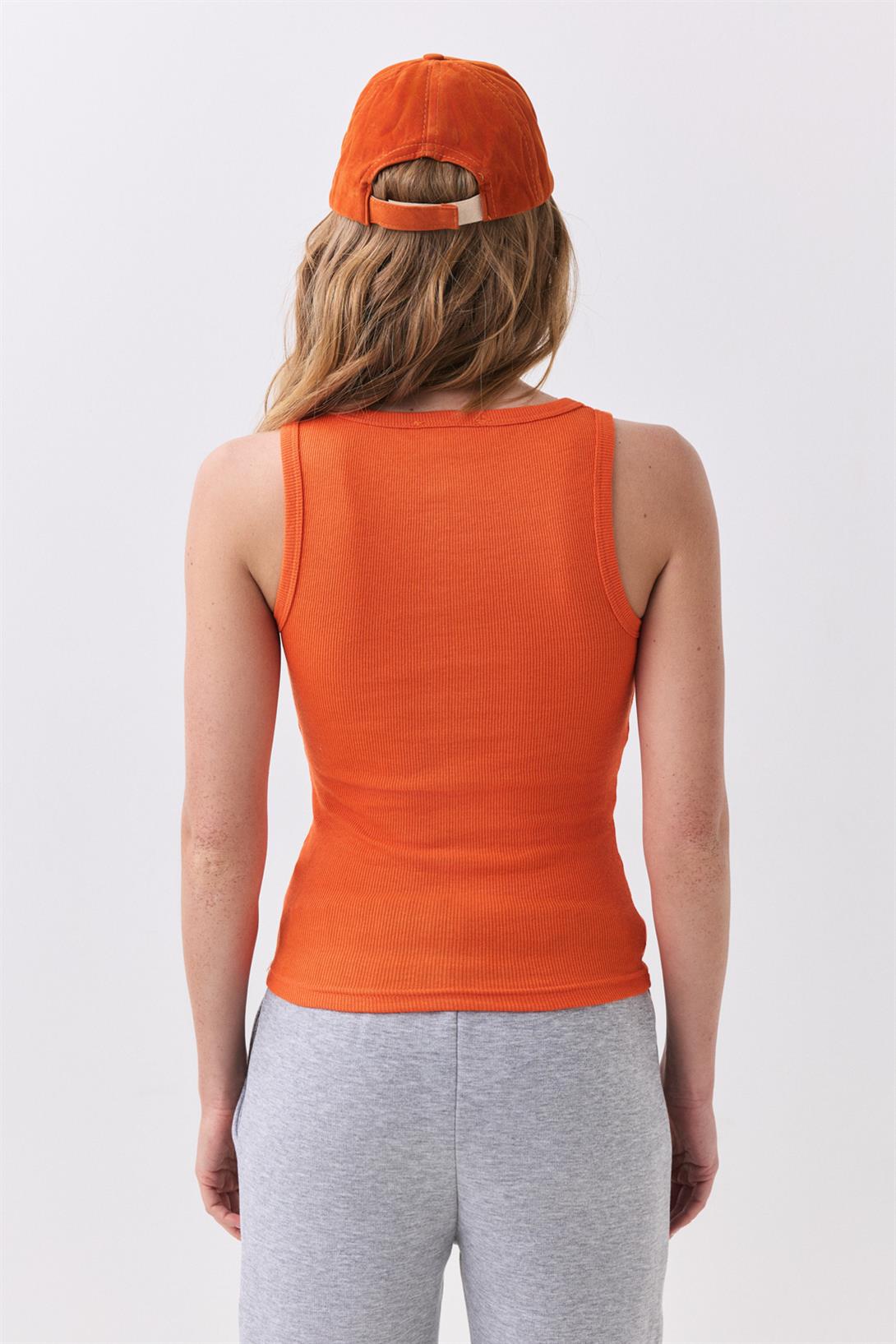 Kadın Fitilli Görünümlü Kalın Askılı Atlet Turuncu 9012